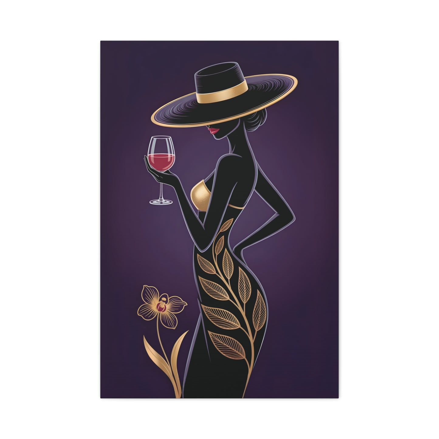 Elegant Afro Woman Canvas Wall Art – Black & Gold Fashion Lady with Wine Glass, Stylish Wall Art, Modern Home, Gift for Hostess, Fashionable Wall Decor