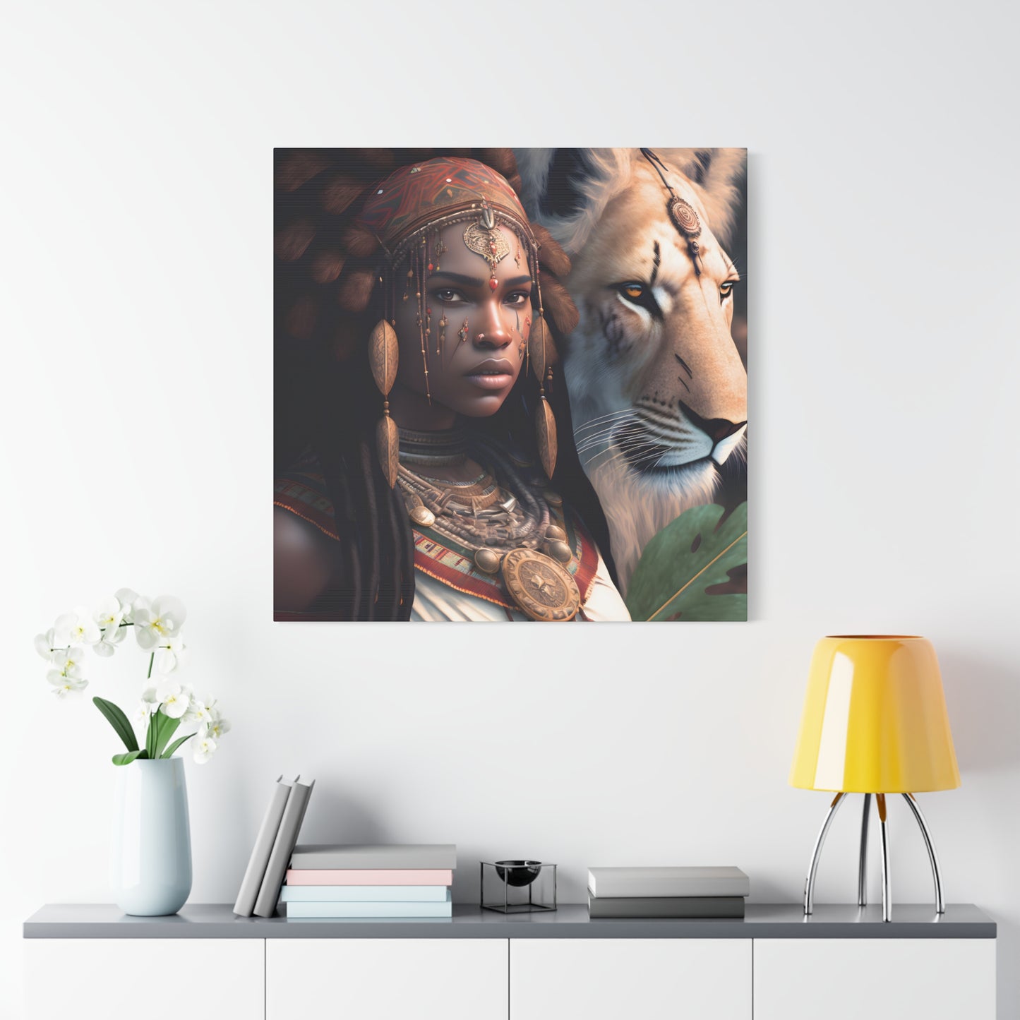 African Tribal Queen and White Lion Canvas – Regal Afrocentric Canvas Art Print, Bohemian Decor, Unique Wall Art, Tribal Home Decoration, Lion and Woman Artwork, Gift for Nature Lovers