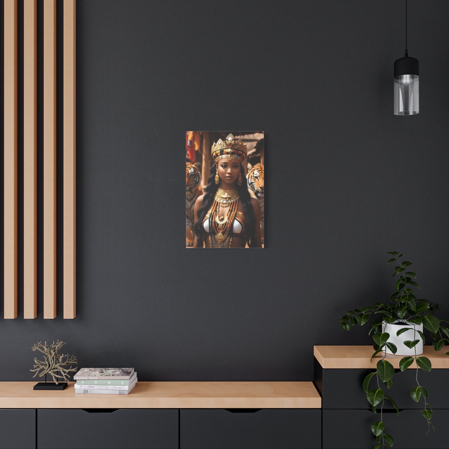 African Royal Queen with Tigers Wall Art – Tribal Crown & Golden Jewelry | Afrocentric Power Decor Bohemian Home Decor, Ethnic Artwork