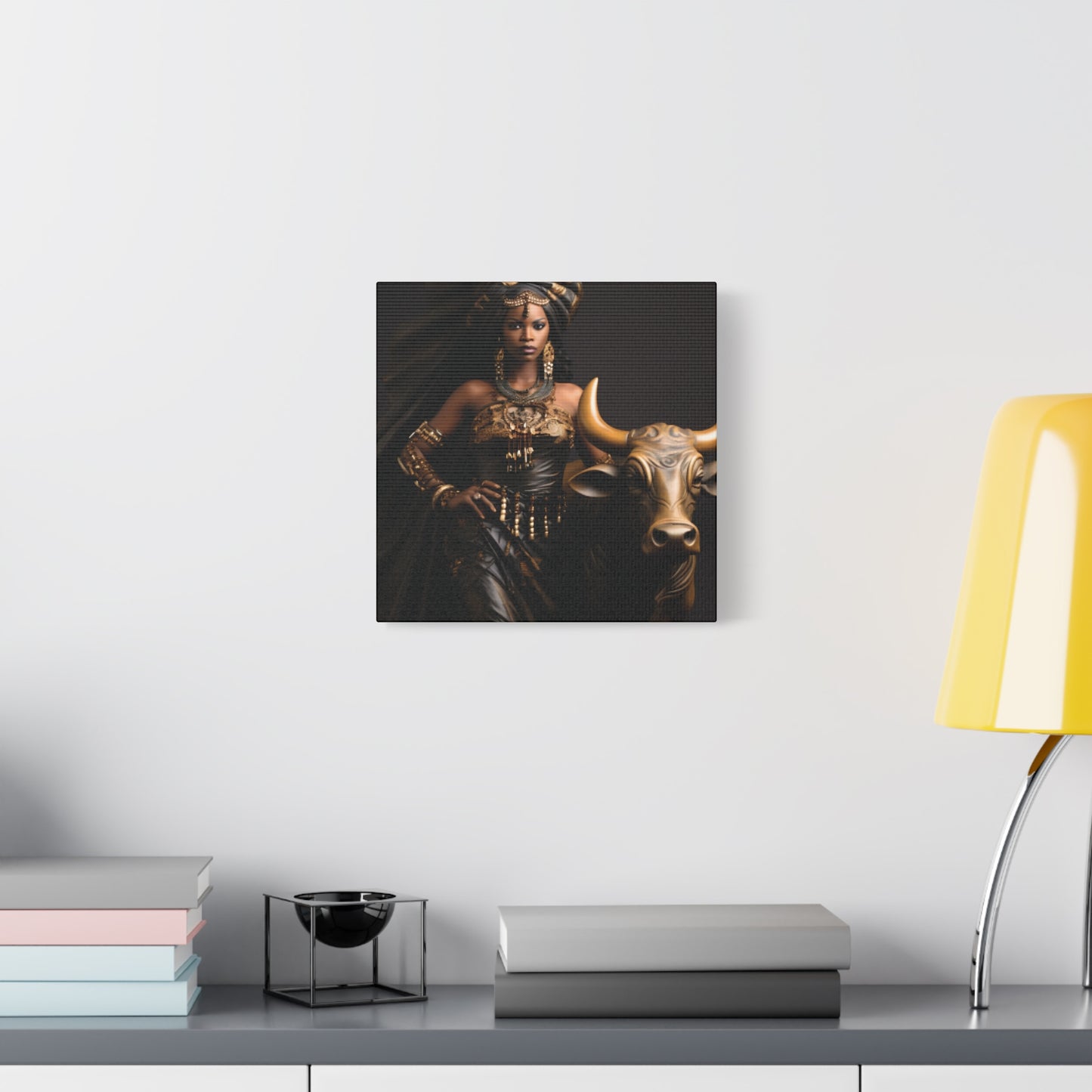 Golden African Queen with Bull – Regal Black Art Canvas for Empowered Spaces, Wall Decor, Home Decoration, Cultural Gift, Unique Artwork, Living Room Art