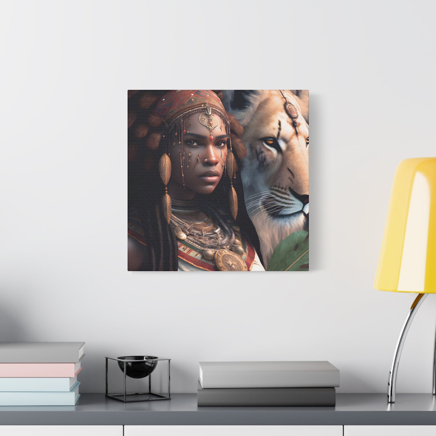 African Tribal Queen and White Lion Canvas – Regal Afrocentric Canvas Art Print, Bohemian Decor, Unique Wall Art, Tribal Home Decoration, Lion and Woman Artwork, Gift for Nature Lovers