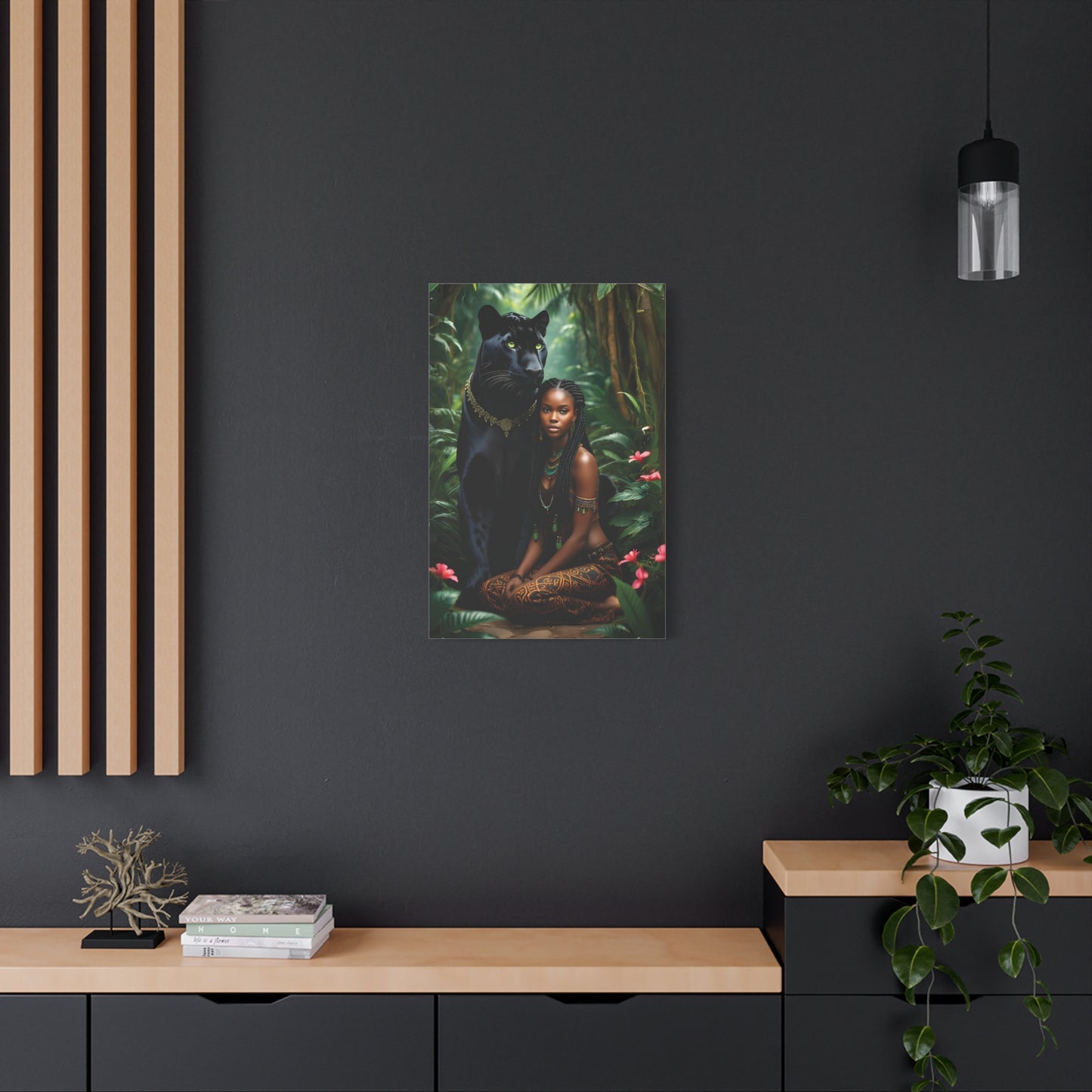 Exotic Jungle Canvas Art Print, Black Panther and Woman Wall Decor, Nature Lover Gift, Bohemian Home Art, Tropical Vibe Decoration, Afro Art