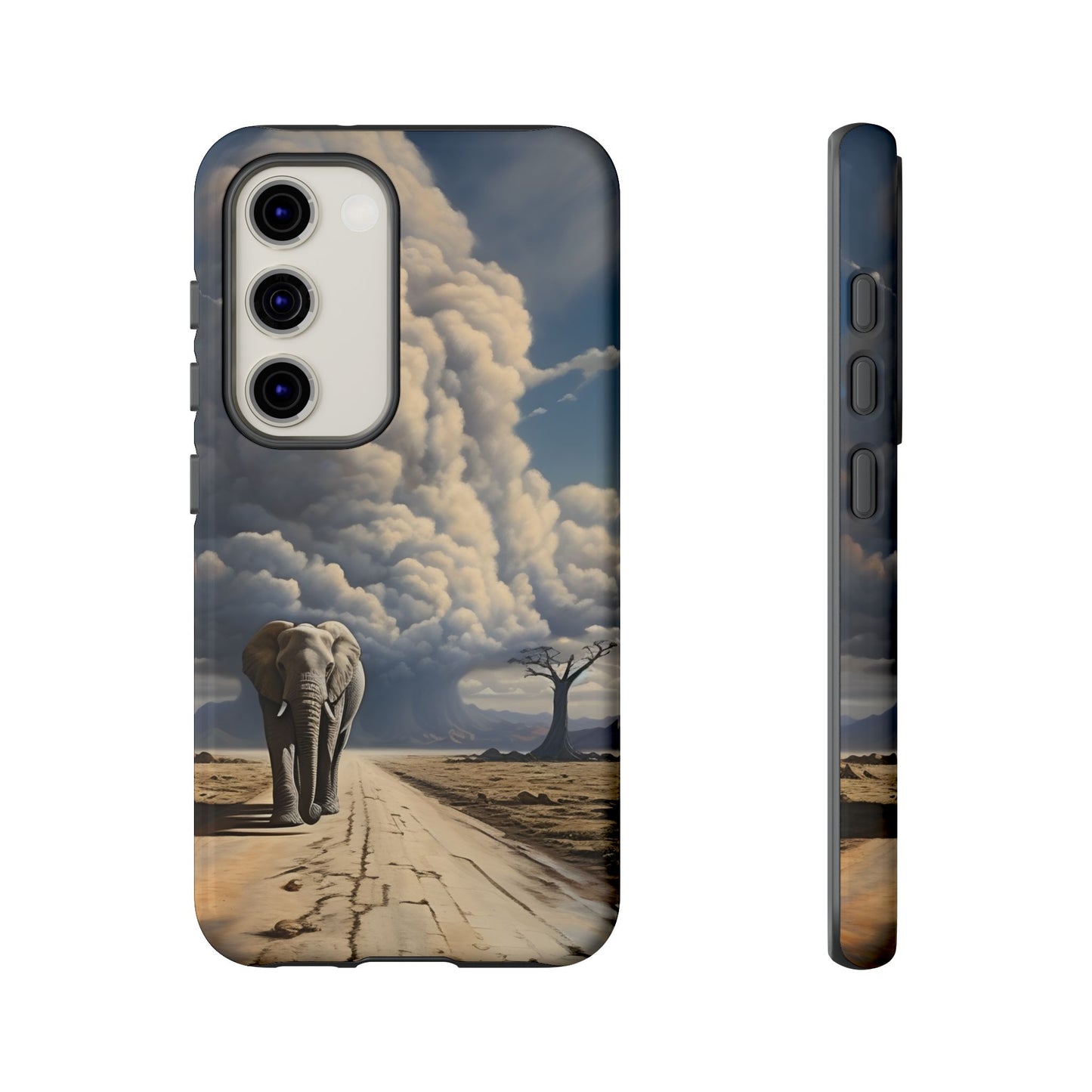 Elephant on Old Road Phone Case – Majestic Wildlife Art with Dramatic Cloud, Nature-Inspired Protective Cover