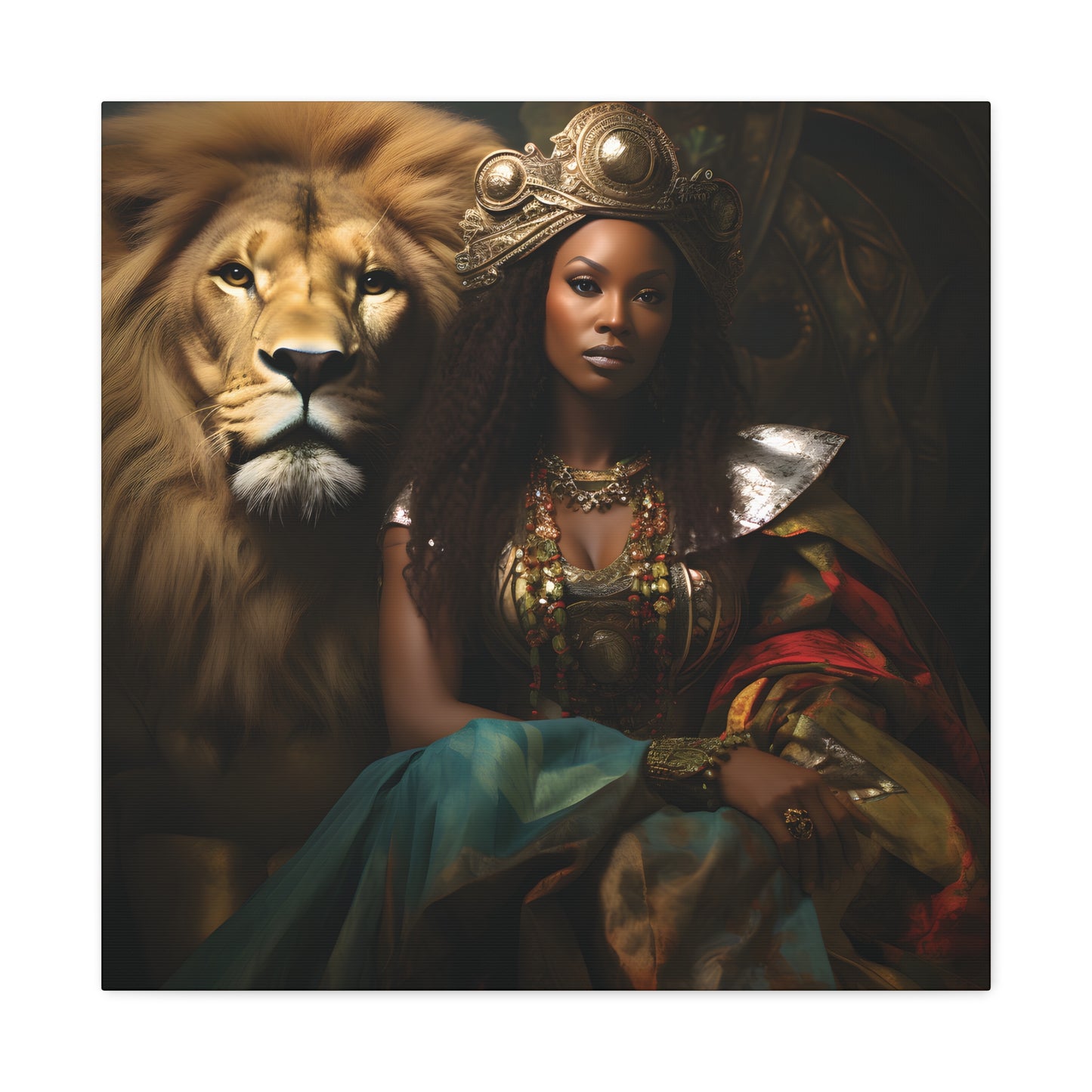 African Queen and Lion Royal Portrait – Regal Afrocentric Wall Art Print, Home Decor, Gift for Animal Lovers, Royalty Theme, Artful Decor