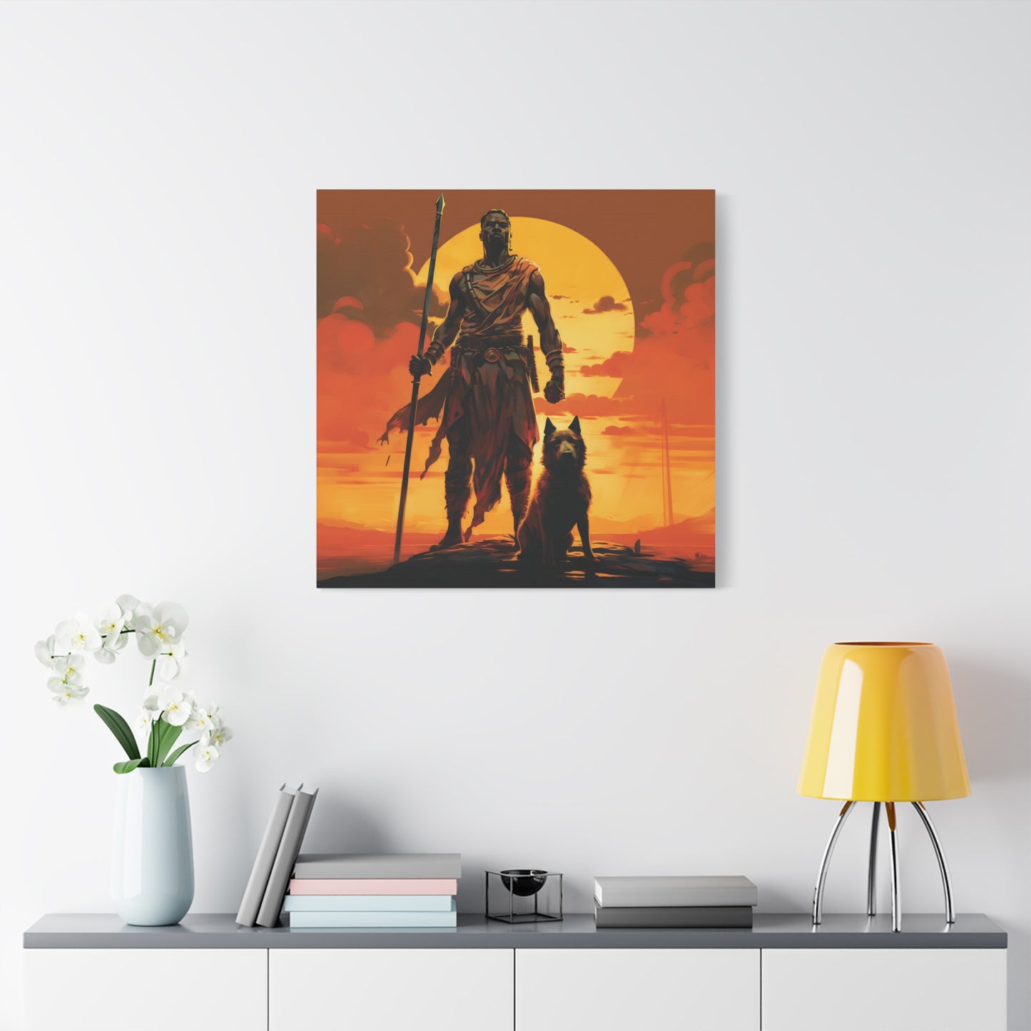 African Warrior and Guardian Dog Canvas artwork Print – Epic Sunset Wall Art for Bold Spaces, Wall Art, Home Decor, Unique Gift, Nature Inspired, Adventure Wall Hanging, Inspirational Art