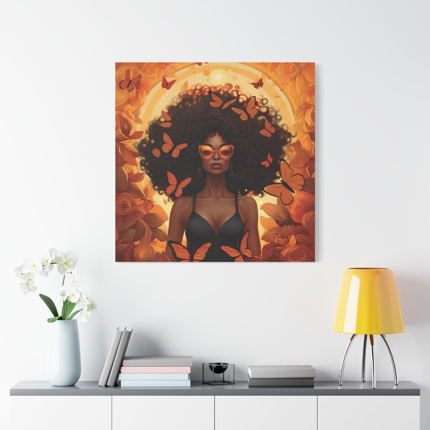 Vibrant Afro Woman Canvas Art, Boho Wall Decor, Unique Gift for Home, Butterfly and Flower Print, Black Art for All Occasions