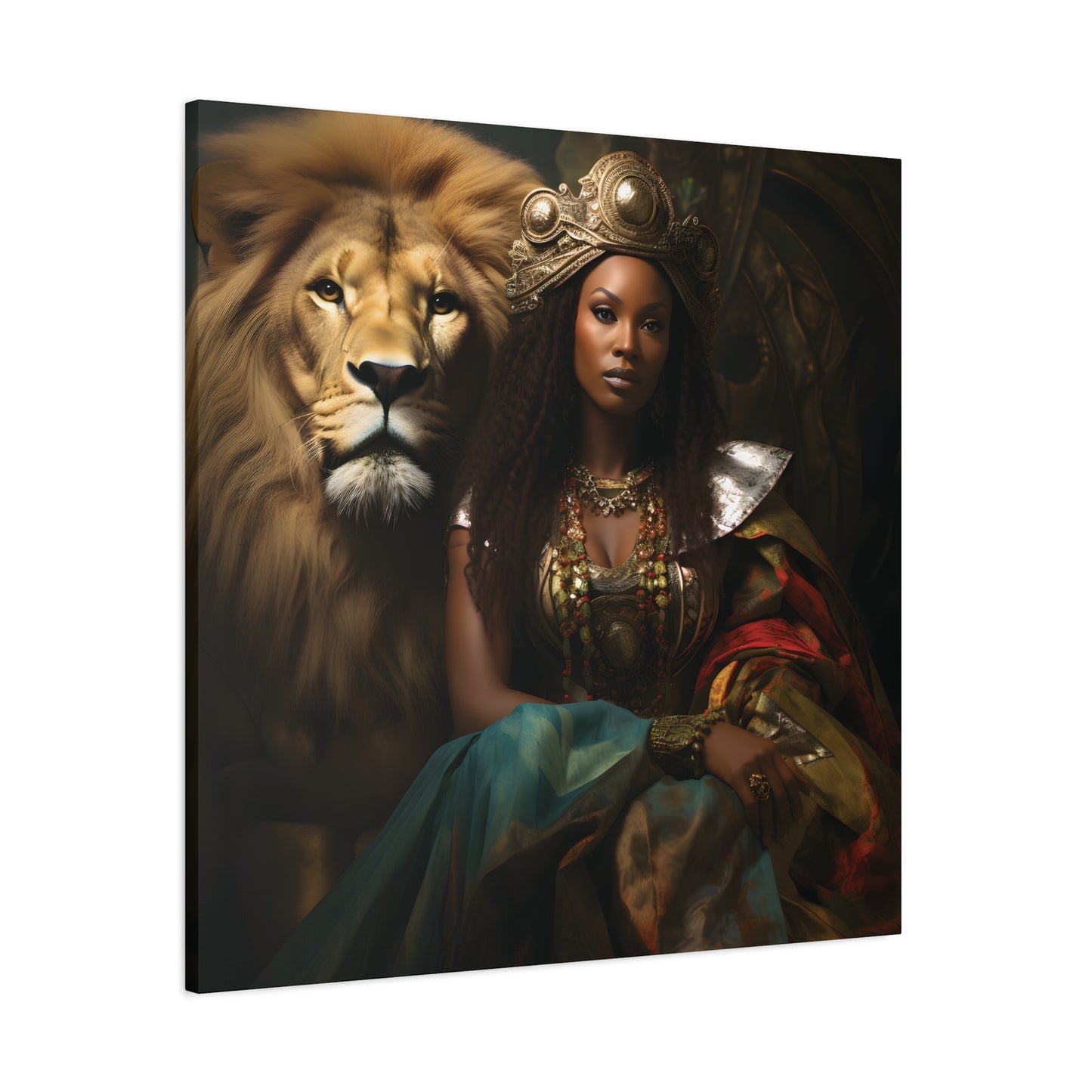 African Queen and Lion Royal Portrait – Regal Afrocentric Wall Art Print, Home Decor, Gift for Animal Lovers, Royalty Theme, Artful Decor