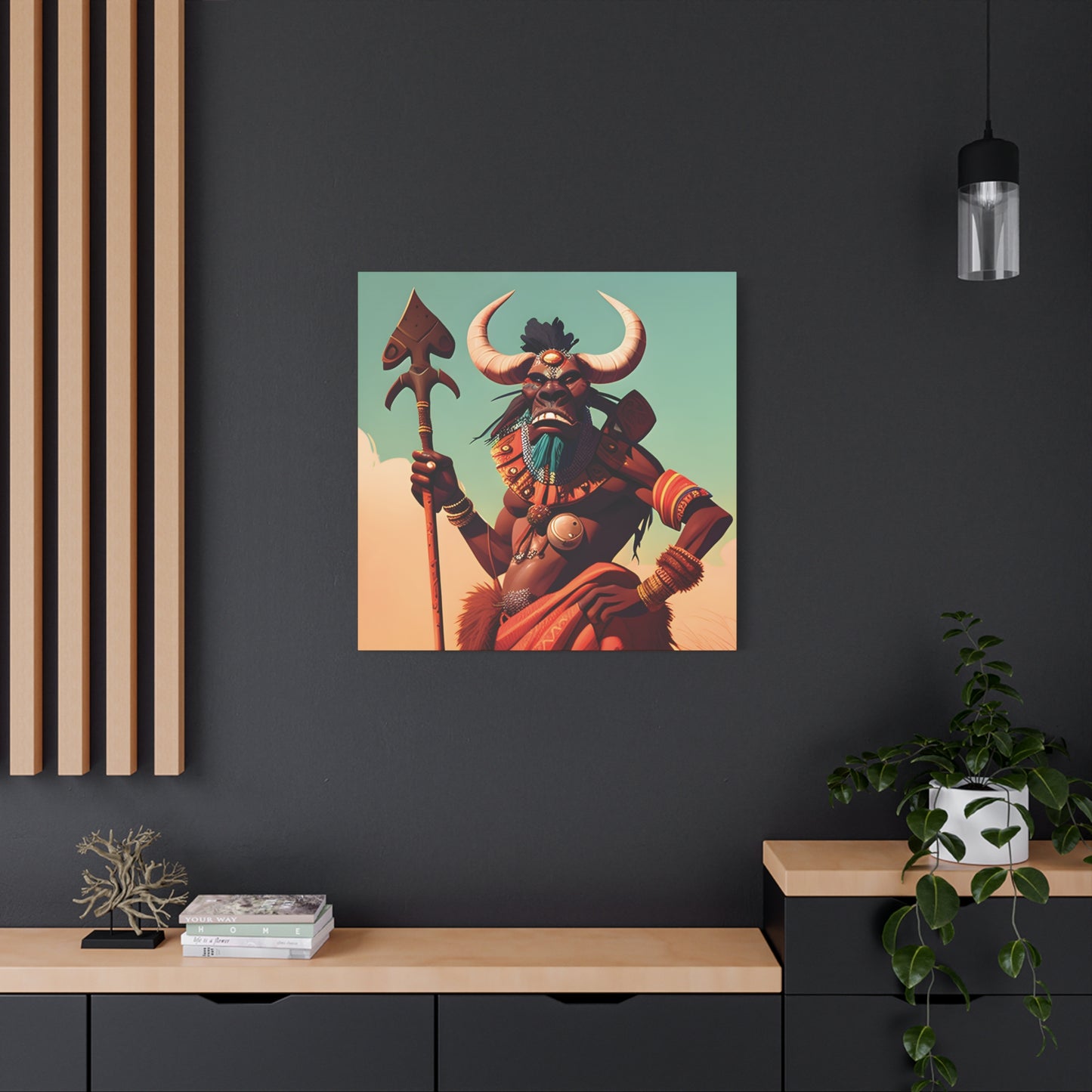 Bold African Tribal Warrior Canvas Art Print, Tribal Wall Decor, Cultural Artwork, Boho Home Decor, Unique Gifts for Him,Warrior Bull Spirit Art
