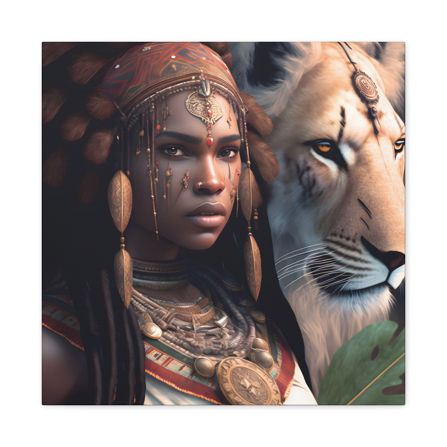 African Tribal Queen and White Lion Canvas – Regal Afrocentric Canvas Art Print, Bohemian Decor, Unique Wall Art, Tribal Home Decoration, Lion and Woman Artwork, Gift for Nature Lovers