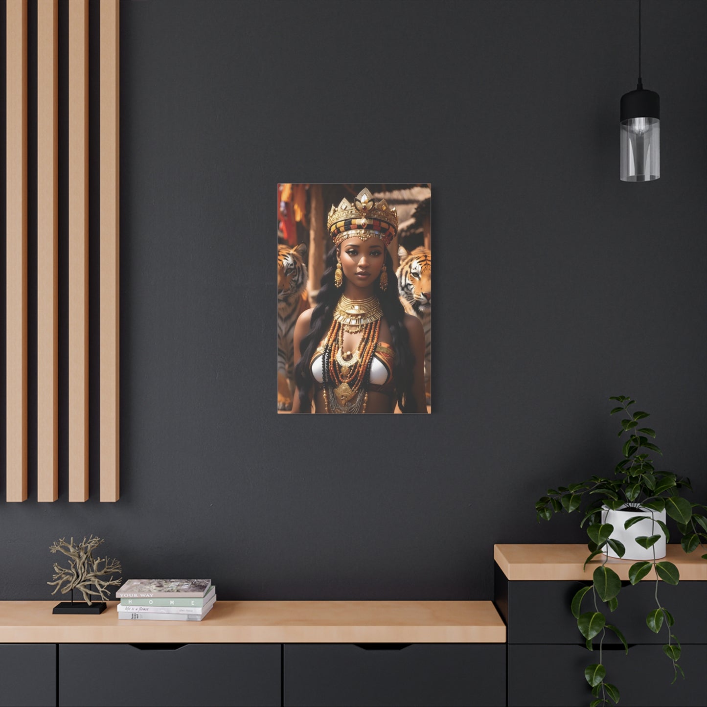 African Royal Queen with Tigers Wall Art – Tribal Crown & Golden Jewelry | Afrocentric Power Decor Bohemian Home Decor, Ethnic Artwork