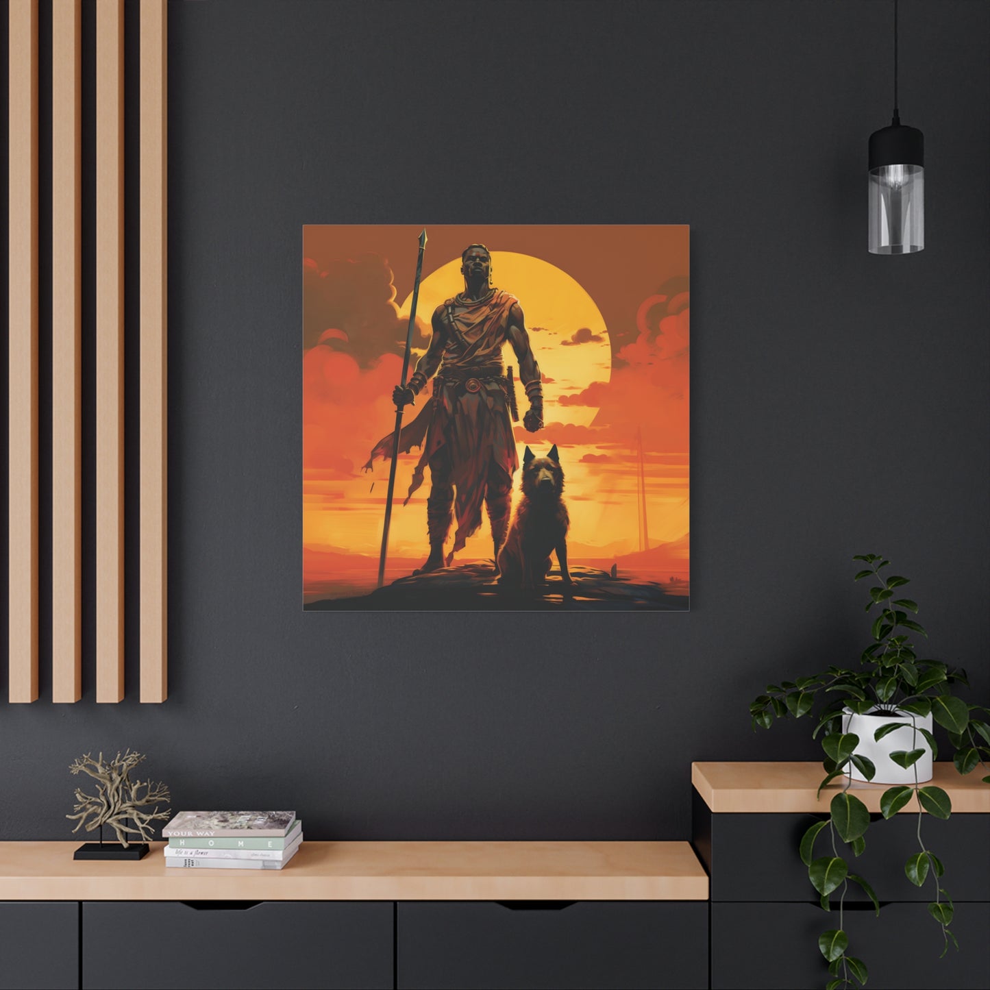 African Warrior and Guardian Dog Canvas artwork Print – Epic Sunset Wall Art for Bold Spaces, Wall Art, Home Decor, Unique Gift, Nature Inspired, Adventure Wall Hanging, Inspirational Art