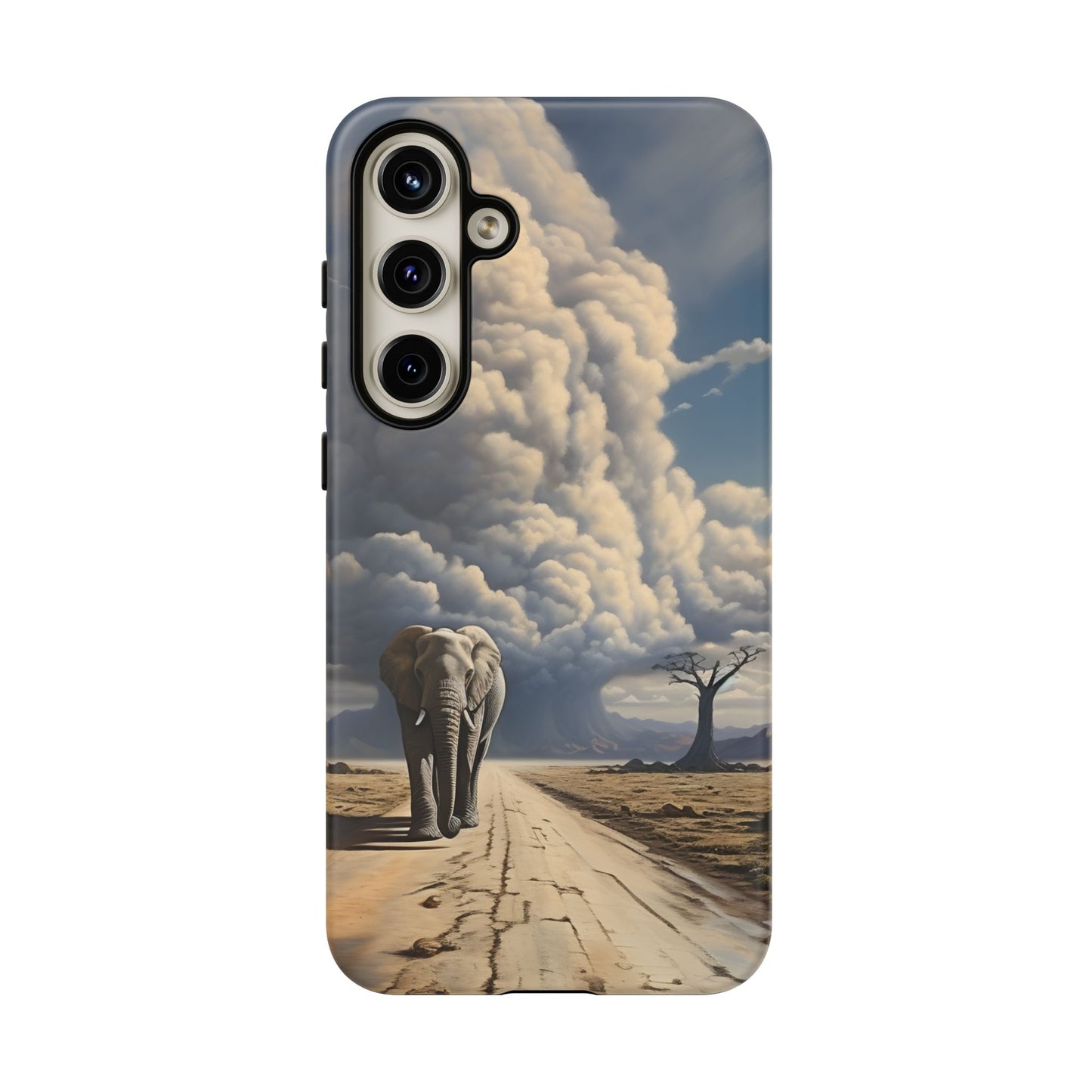 Elephant on Old Road Phone Case – Majestic Wildlife Art with Dramatic Cloud, Nature-Inspired Protective Cover