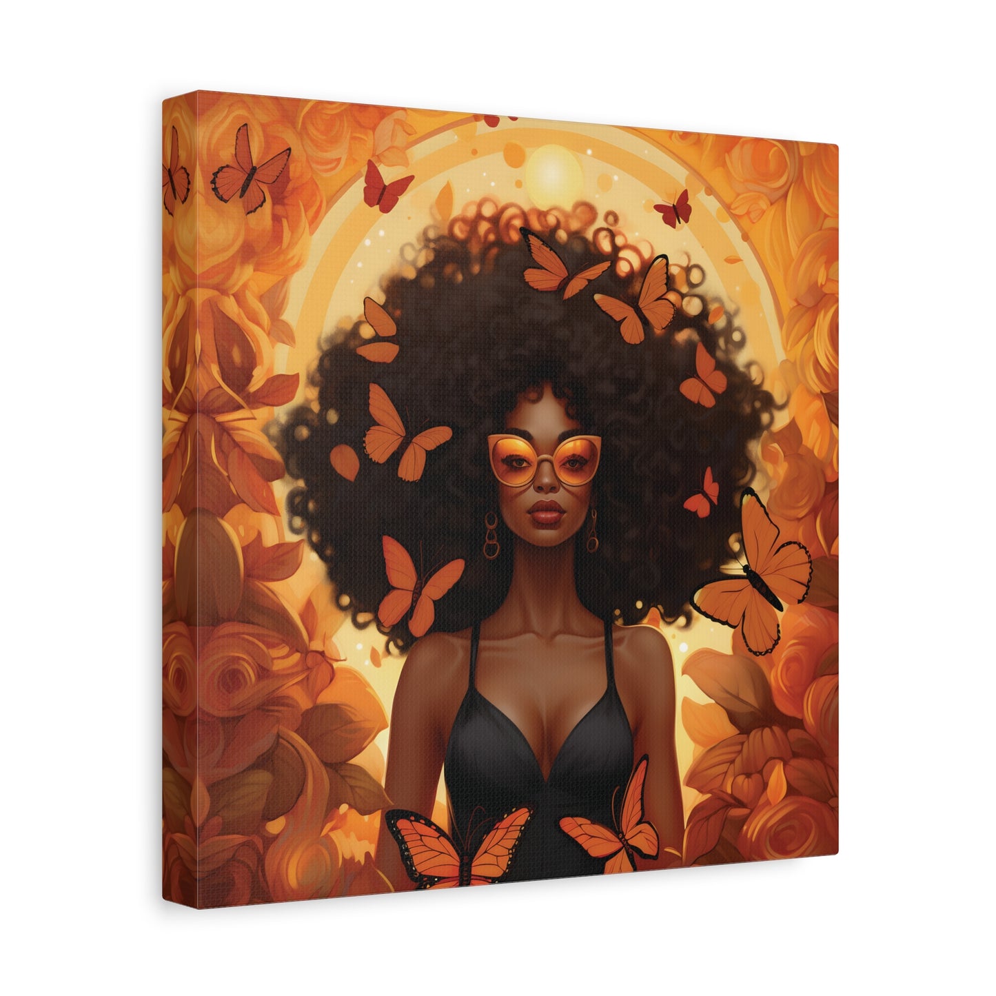 Vibrant Afro Woman Canvas Art, Boho Wall Decor, Unique Gift for Home, Butterfly and Flower Print, Black Art for All Occasions
