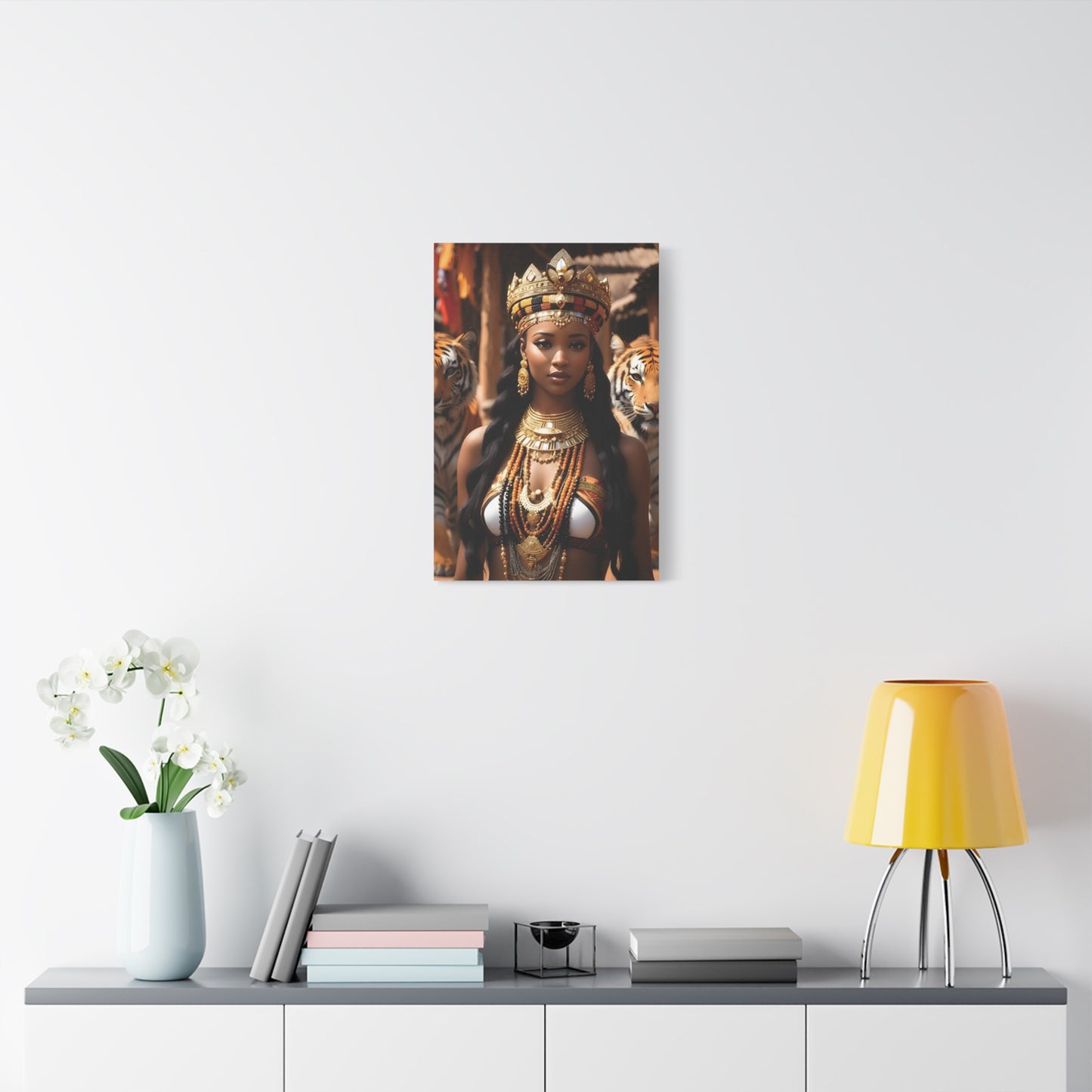 African Royal Queen with Tigers Wall Art – Tribal Crown & Golden Jewelry | Afrocentric Power Decor Bohemian Home Decor, Ethnic Artwork