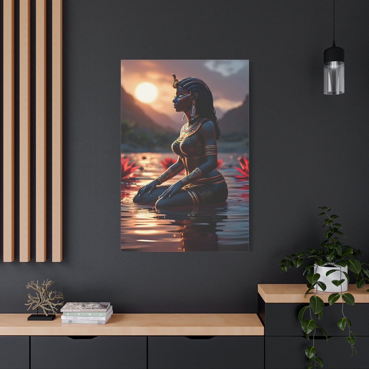 African Goddess Wall Art – Black Queen in Water at Sunset | Afrocentric Spiritual Decor, Unique Gift for Her, Yoga Studio Decor, Inspirational Decor