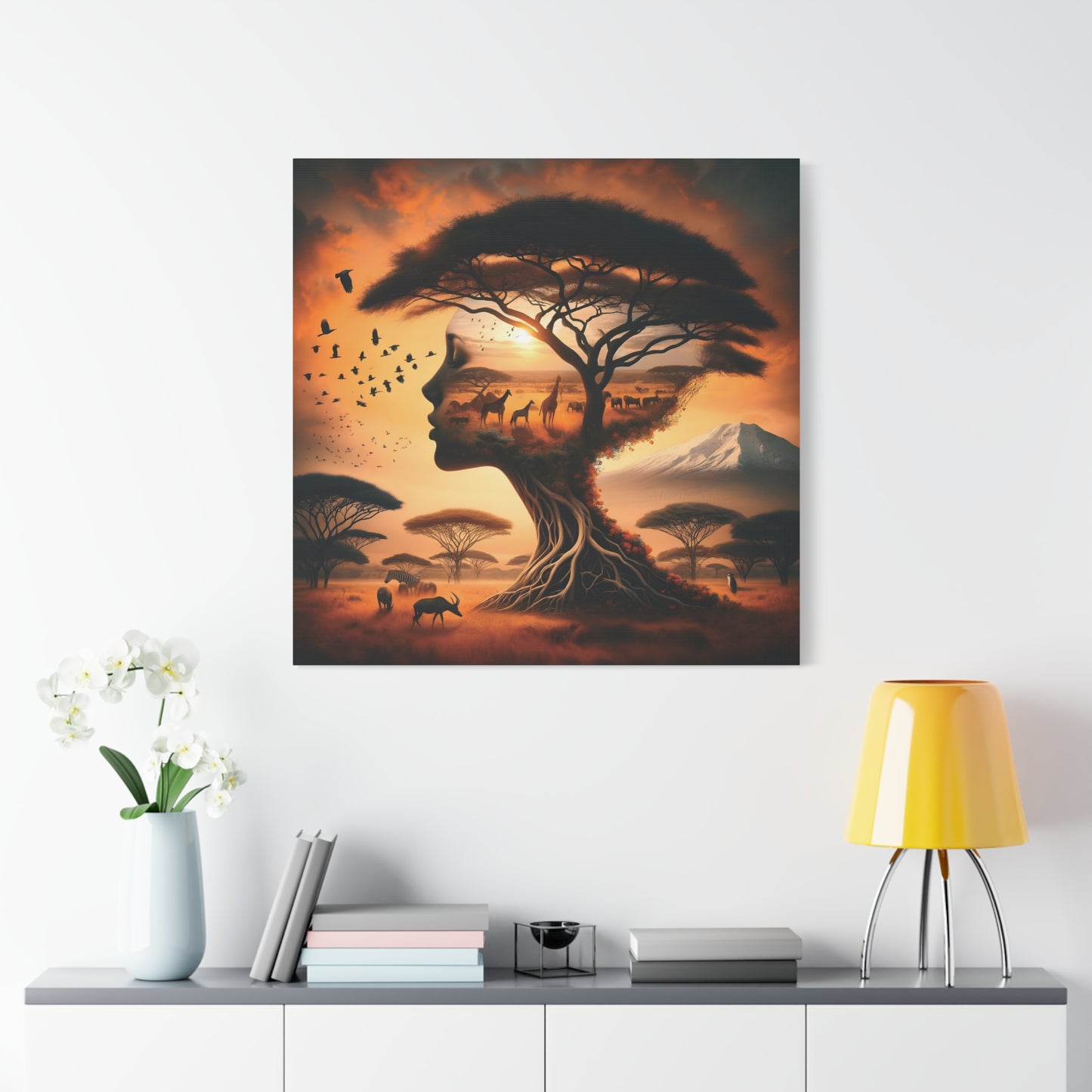 Mother Africa Silhouette Tree Art – Afrocentric Safari Wall Print with Wildlife & Mountain Scene - Dreamy Wall Decor for Nature Lovers, Wildlife Artwork,