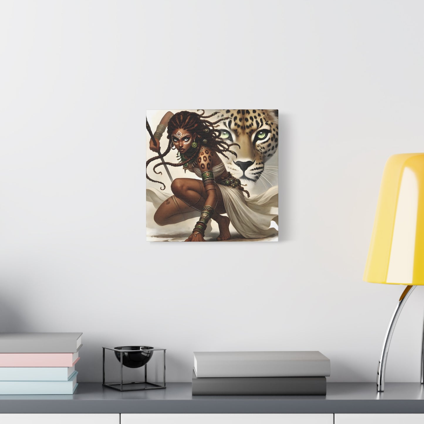 African Warrior Queen and Leopard Art – Empowering Canvas Wall Decor, Jungle Queen, Home Decor, African Art, Nature Inspired