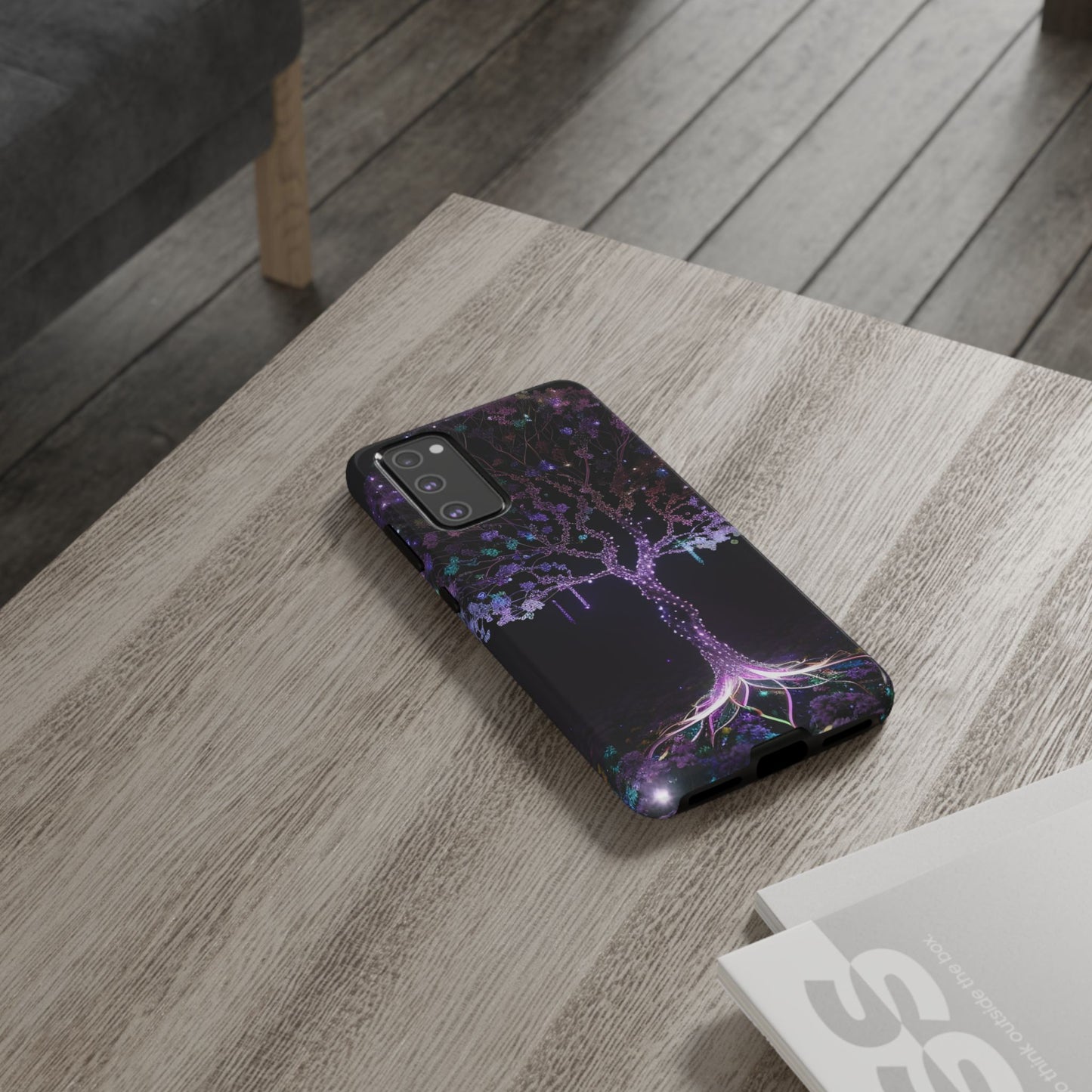Dark Purple Tree Phone Case – Luminous Nature Art, Mystical Night Design Protective Cove
