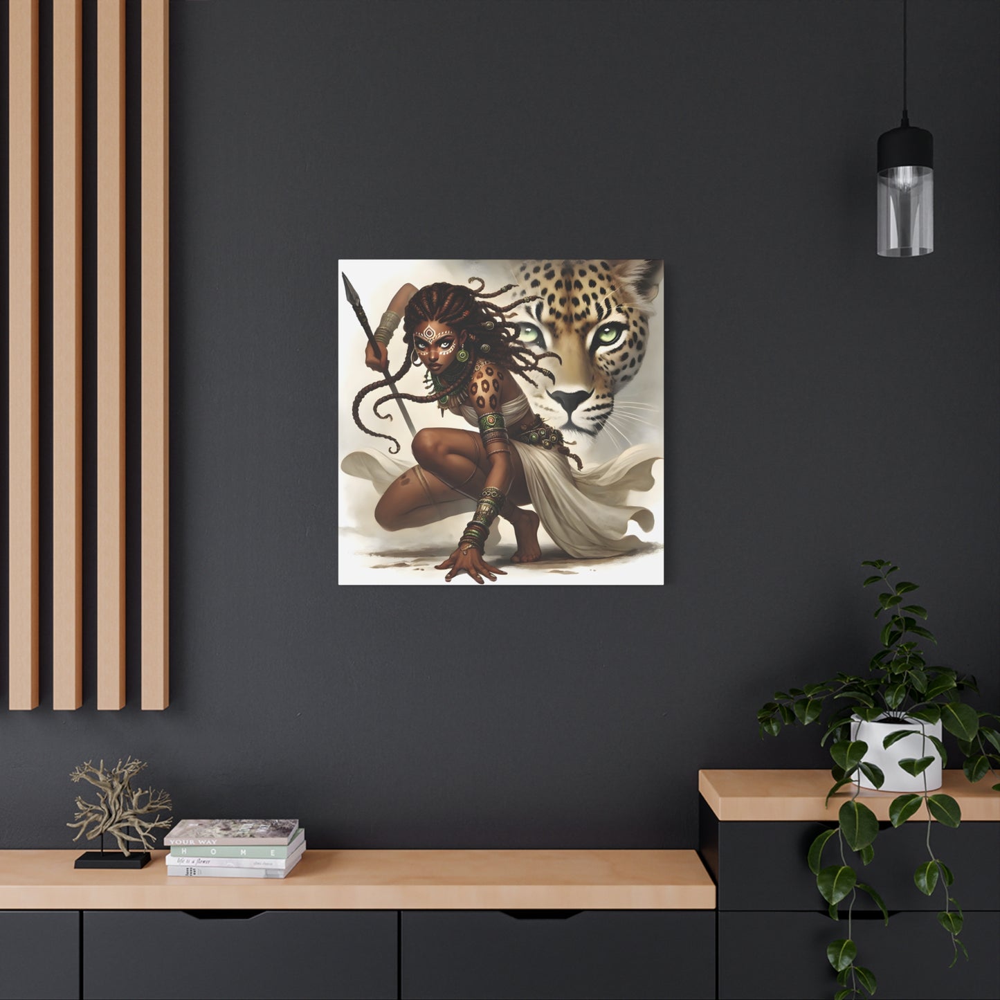 African Warrior Queen and Leopard Art – Empowering Canvas Wall Decor, Jungle Queen, Home Decor, African Art, Nature Inspired
