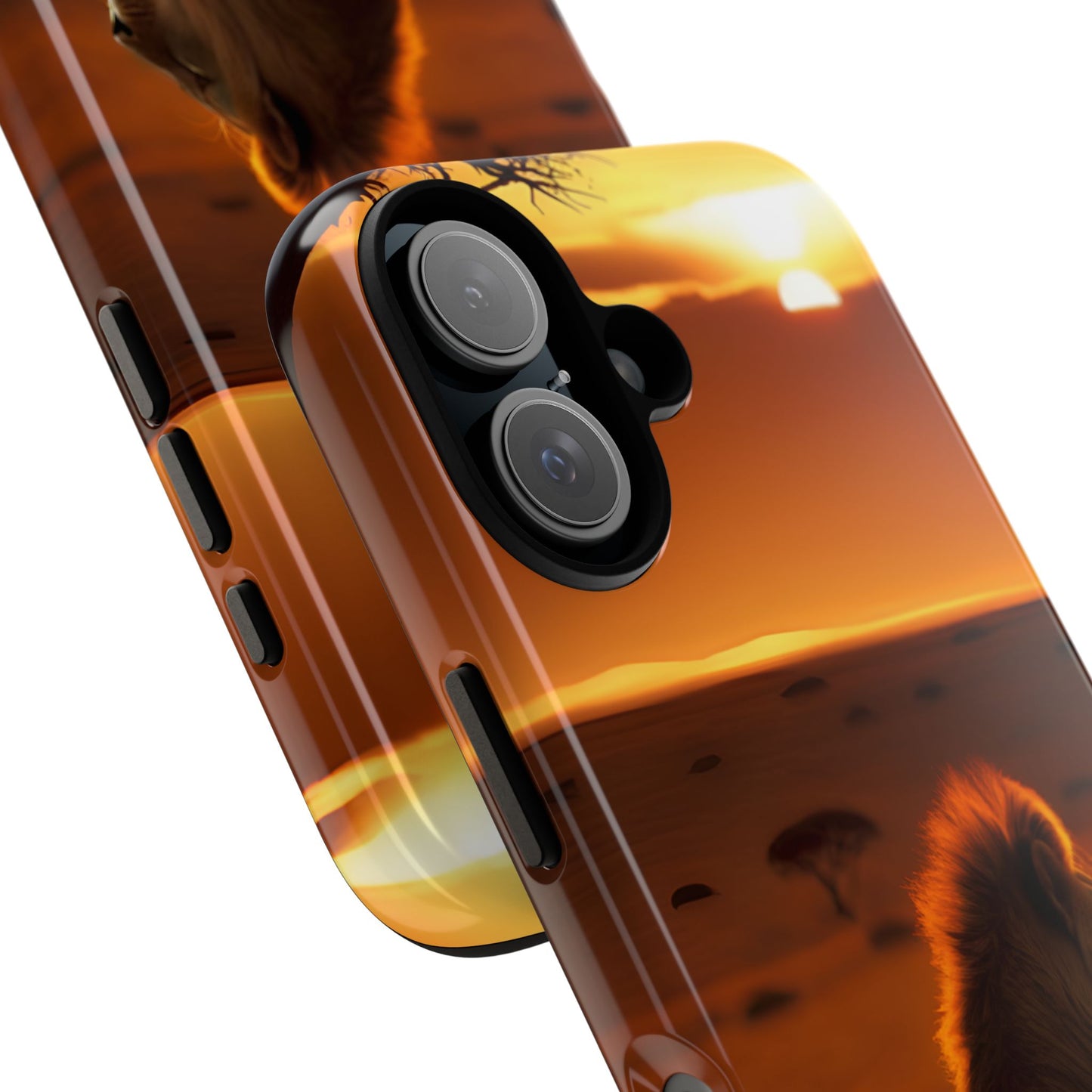 Lion Sunset Phone Case – Majestic Wildlife Art with Tree Silhouette, Safari-Inspired Protective Cover