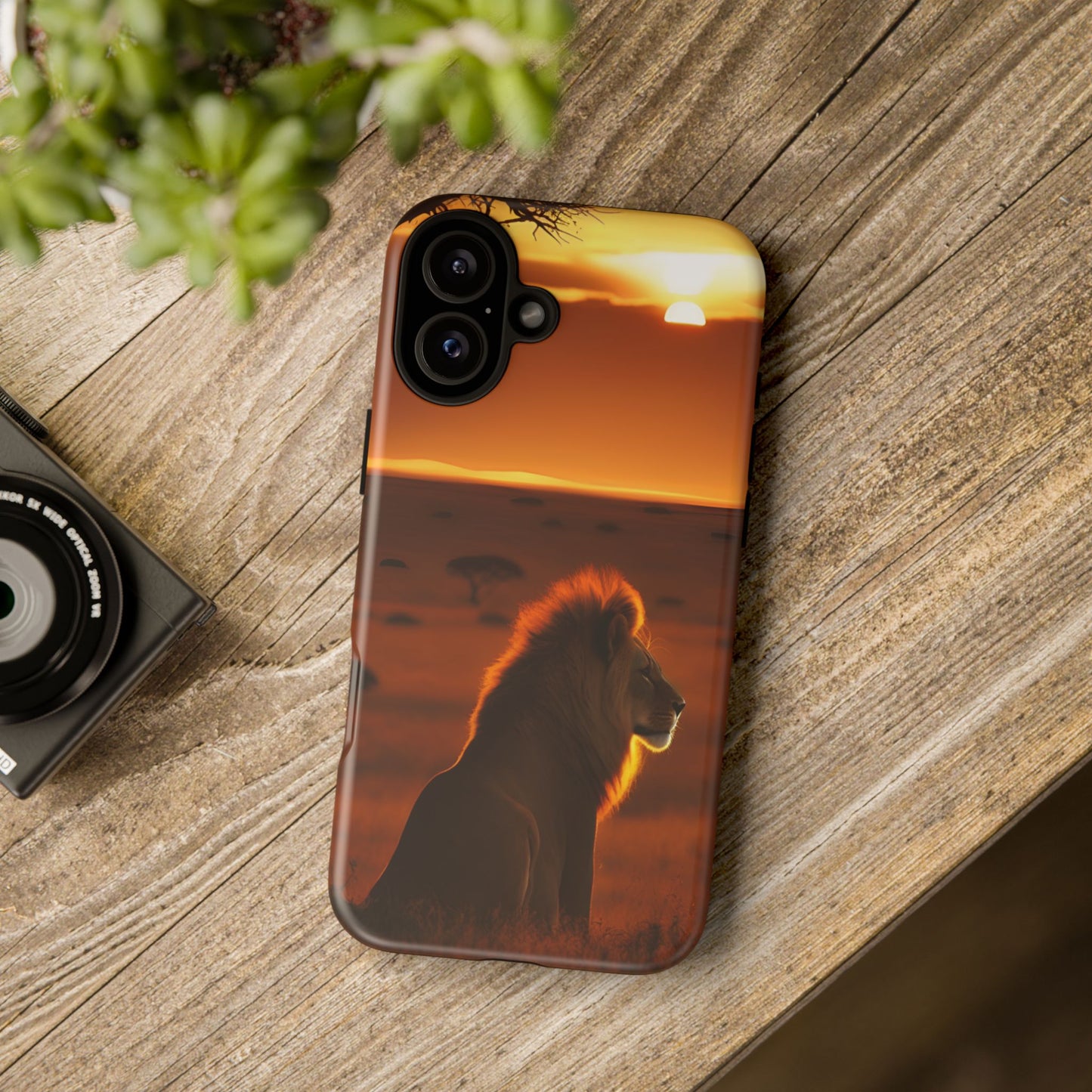 Lion Sunset Phone Case – Majestic Wildlife Art with Tree Silhouette, Safari-Inspired Protective Cover