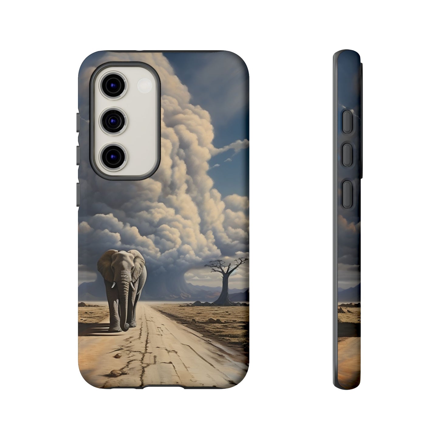 Elephant on Old Road Phone Case – Majestic Wildlife Art with Dramatic Cloud, Nature-Inspired Protective Cover