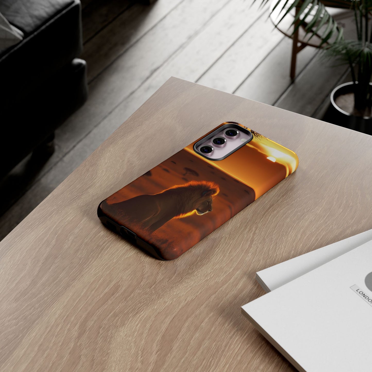 Lion Sunset Phone Case – Majestic Wildlife Art with Tree Silhouette, Safari-Inspired Protective Cover