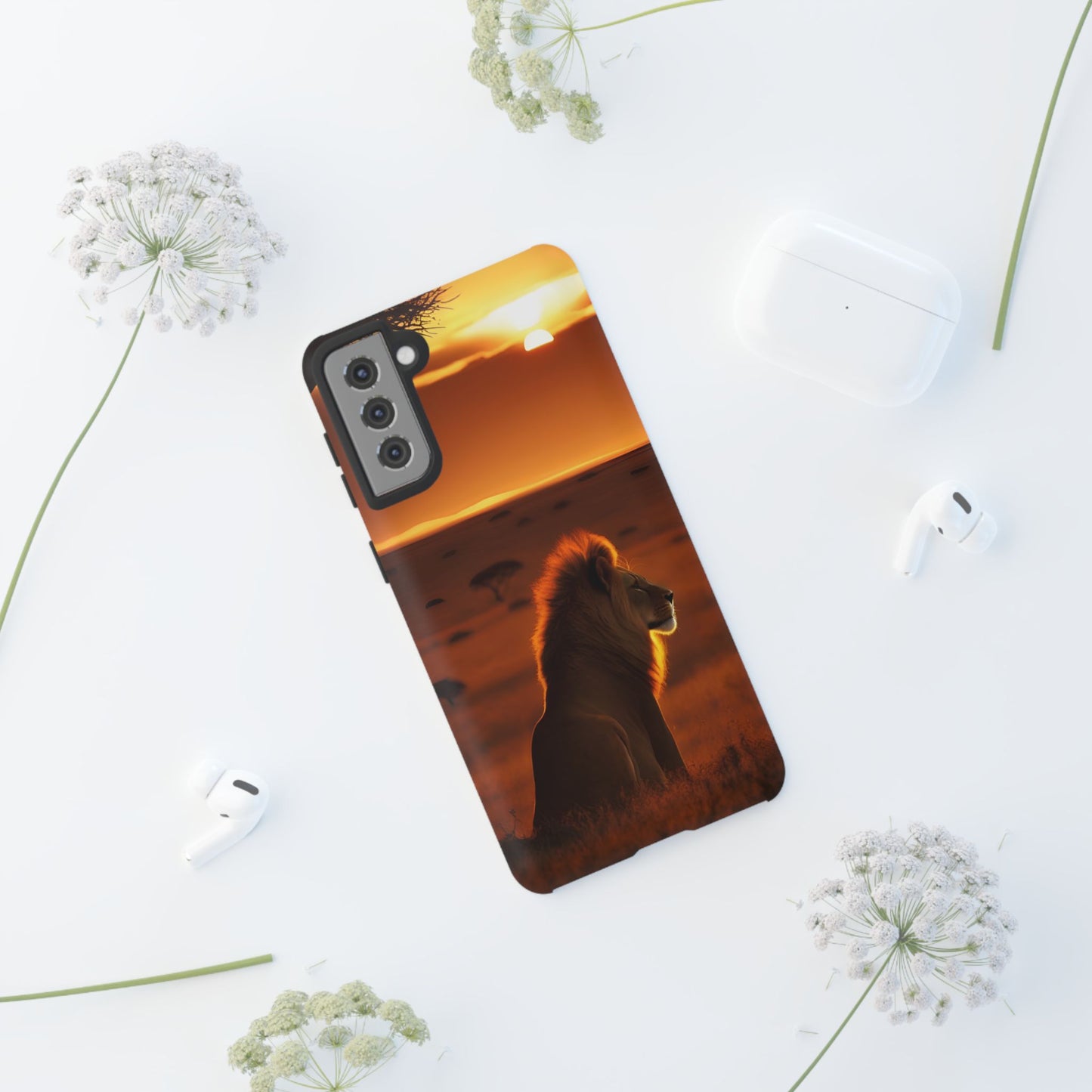 Lion Sunset Phone Case – Majestic Wildlife Art with Tree Silhouette, Safari-Inspired Protective Cover