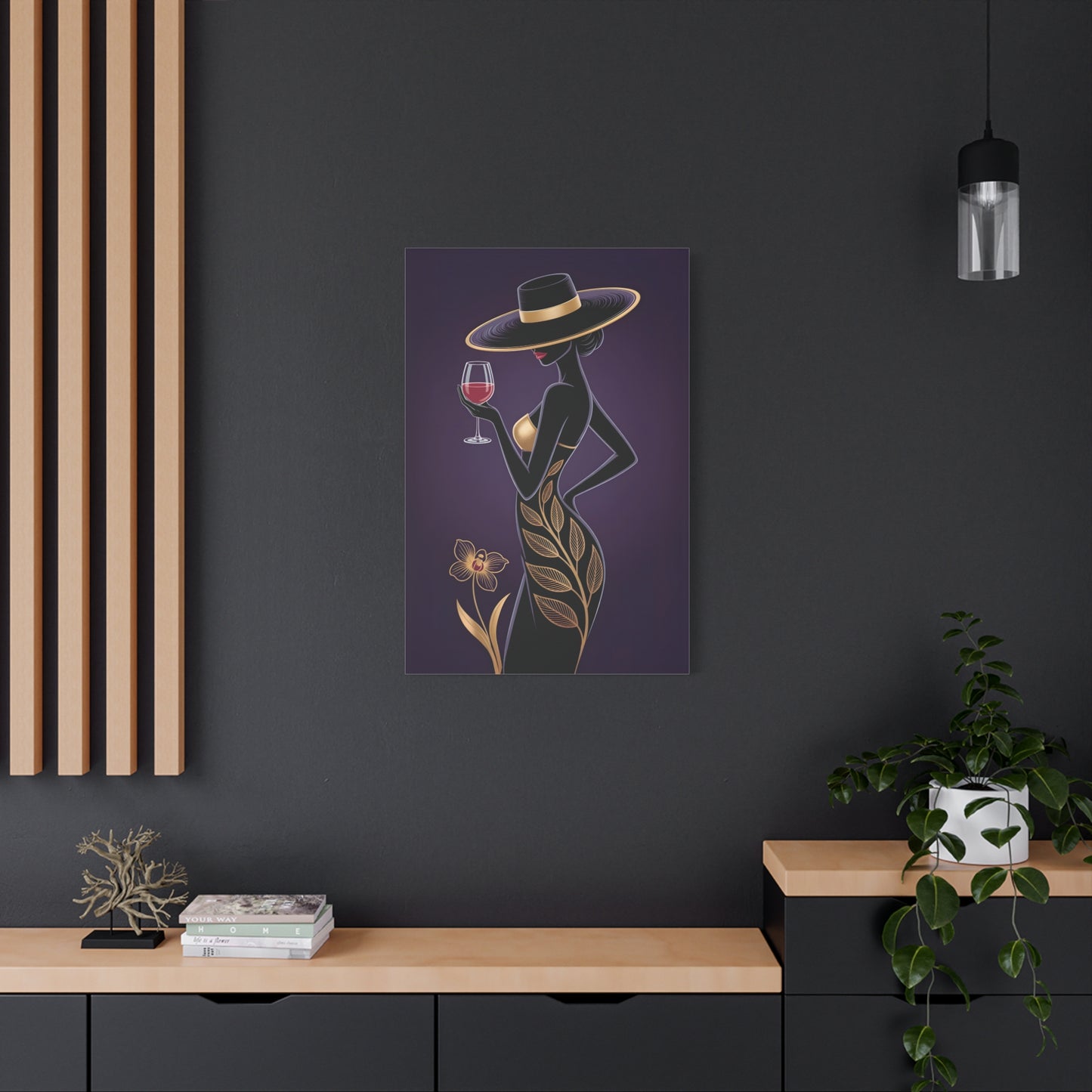 Elegant Afro Woman Canvas Wall Art – Black & Gold Fashion Lady with Wine Glass, Stylish Wall Art, Modern Home, Gift for Hostess, Fashionable Wall Decor