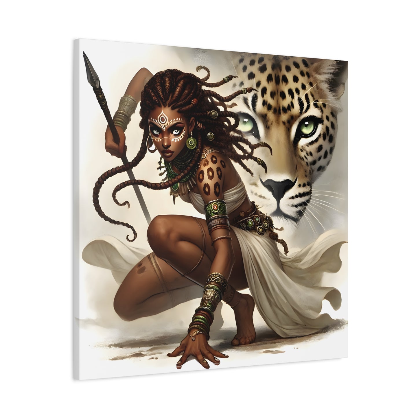 African Warrior Queen and Leopard Art – Empowering Canvas Wall Decor, Jungle Queen, Home Decor, African Art, Nature Inspired