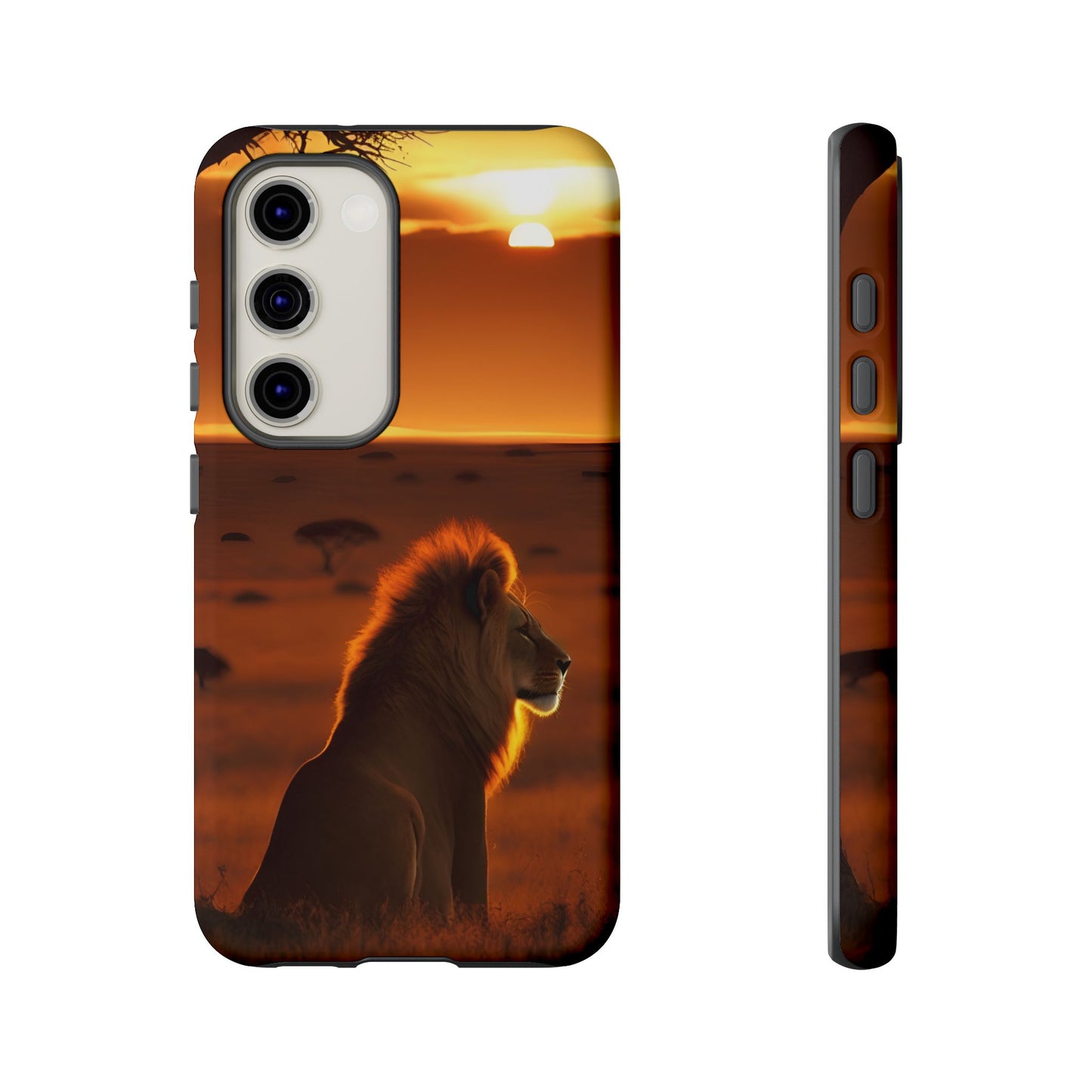 Lion Sunset Phone Case – Majestic Wildlife Art with Tree Silhouette, Safari-Inspired Protective Cover