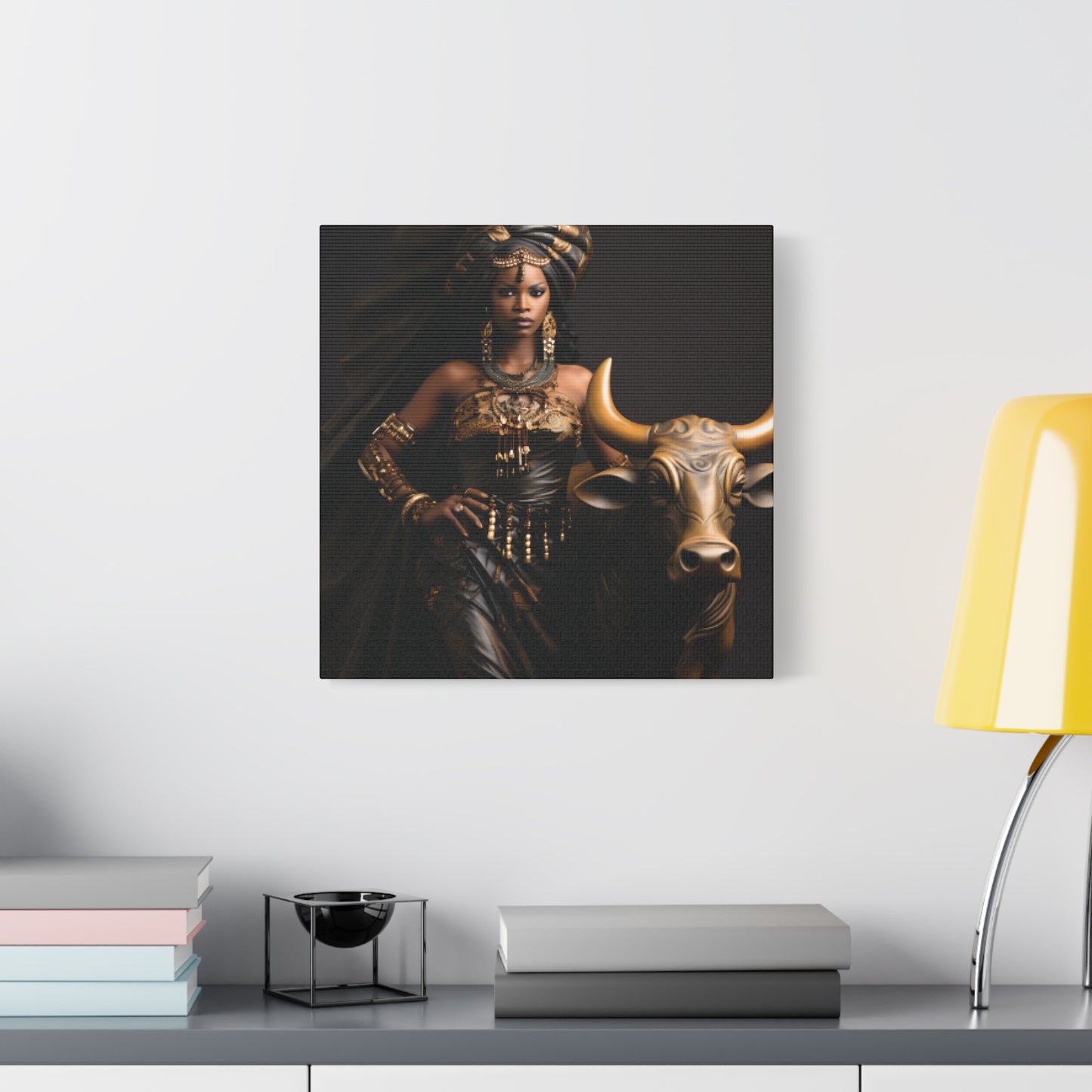 Golden African Queen with Bull – Regal Black Art Canvas for Empowered Spaces, Wall Decor, Home Decoration, Cultural Gift, Unique Artwork, Living Room Art