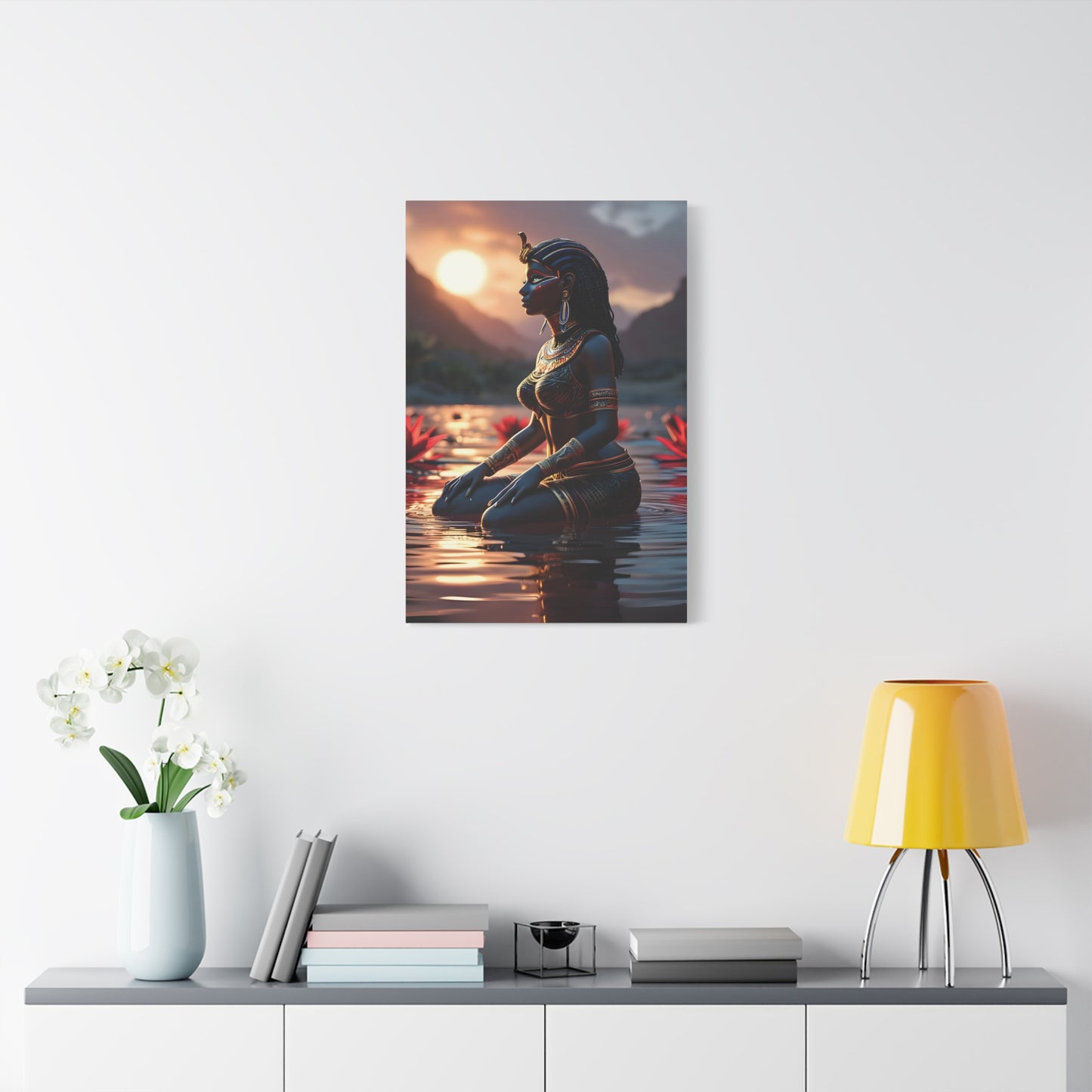 African Goddess Wall Art – Black Queen in Water at Sunset | Afrocentric Spiritual Decor, Unique Gift for Her, Yoga Studio Decor, Inspirational Decor