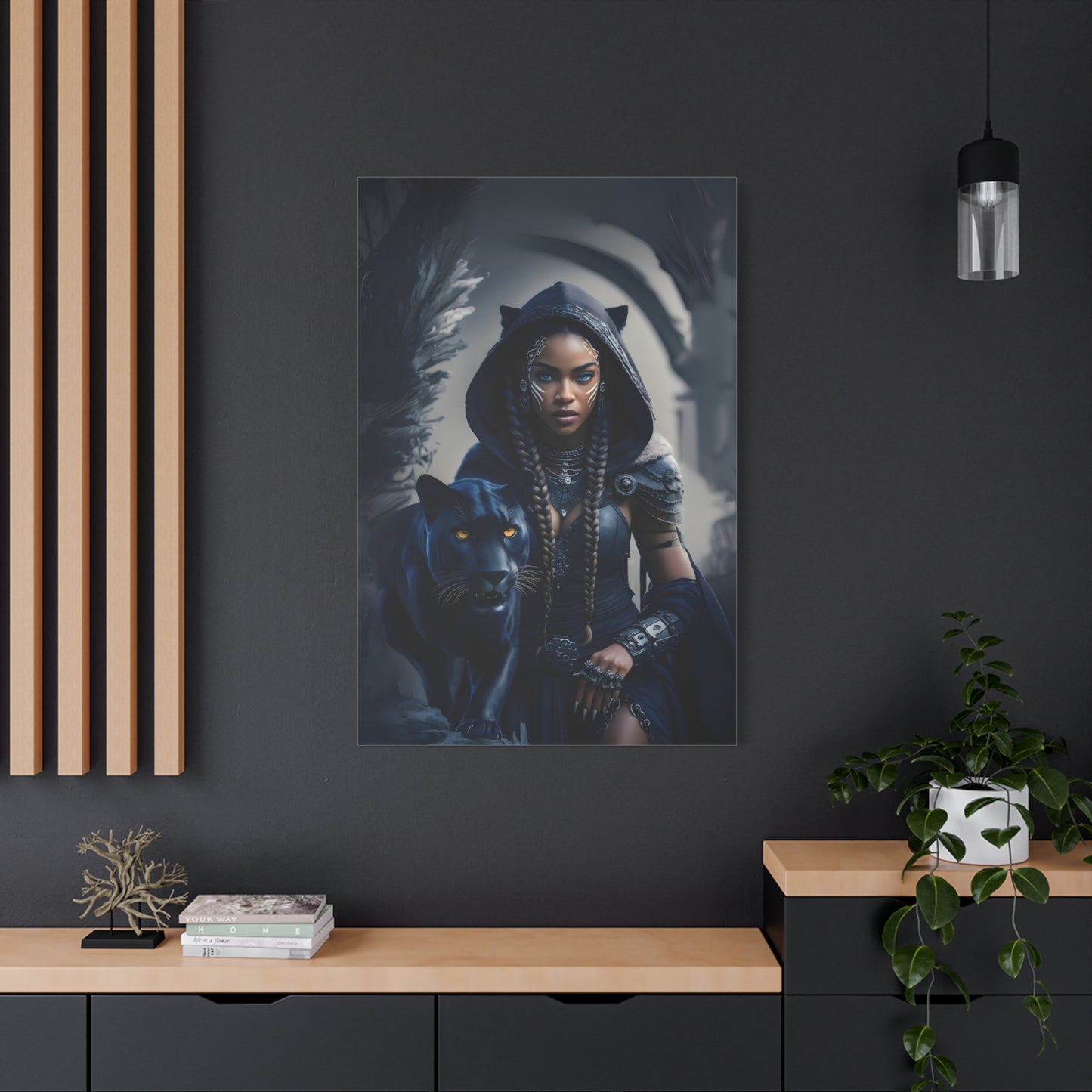Fantasy Canvas Wall Art - Warrior with Panther, Home Decor, Black Art Print, Gift for Her, Boho Wall Hanging, Magical Room Decor, Afro