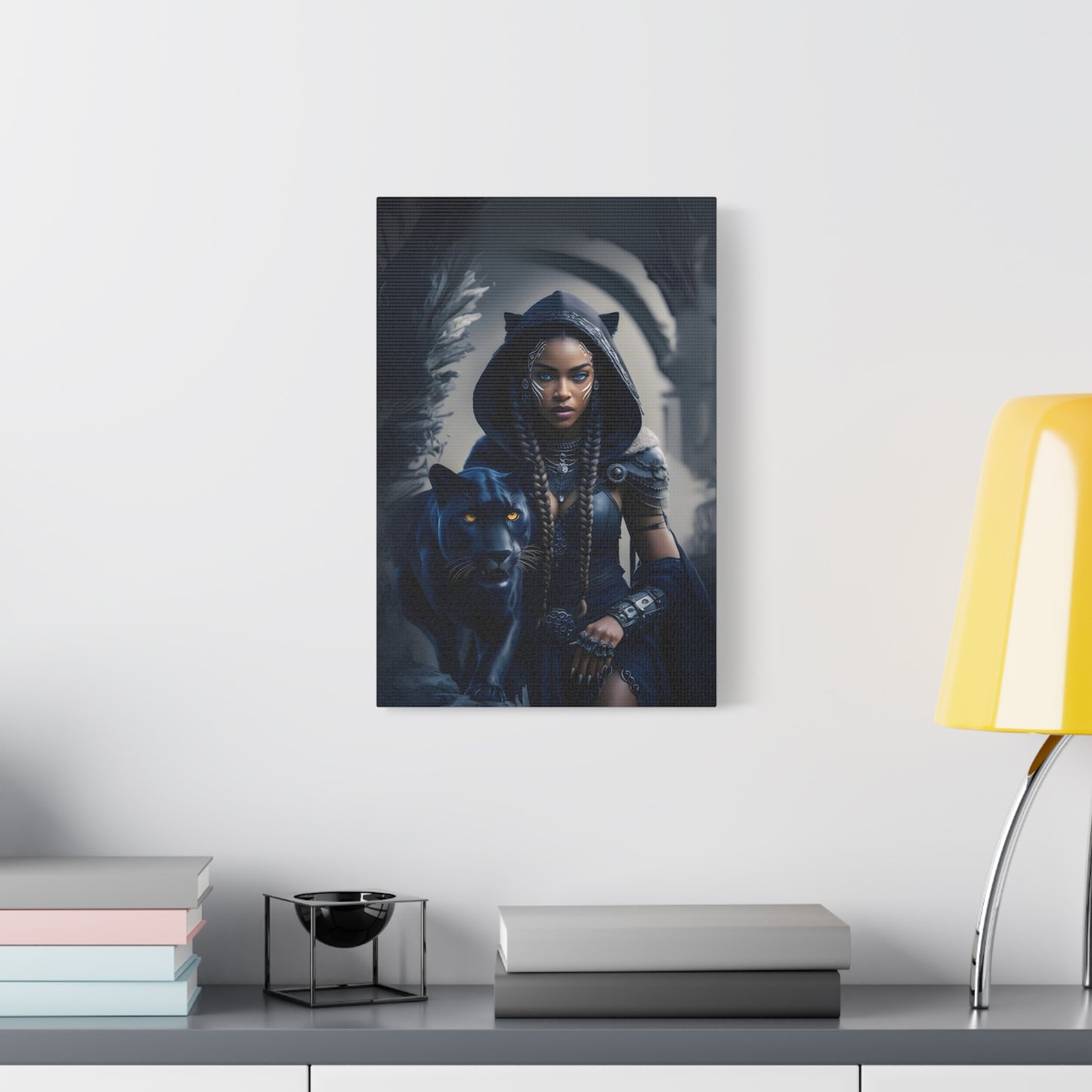 Fantasy Canvas Wall Art - Warrior with Panther, Home Decor, Black Art Print, Gift for Her, Boho Wall Hanging, Magical Room Decor, Afro