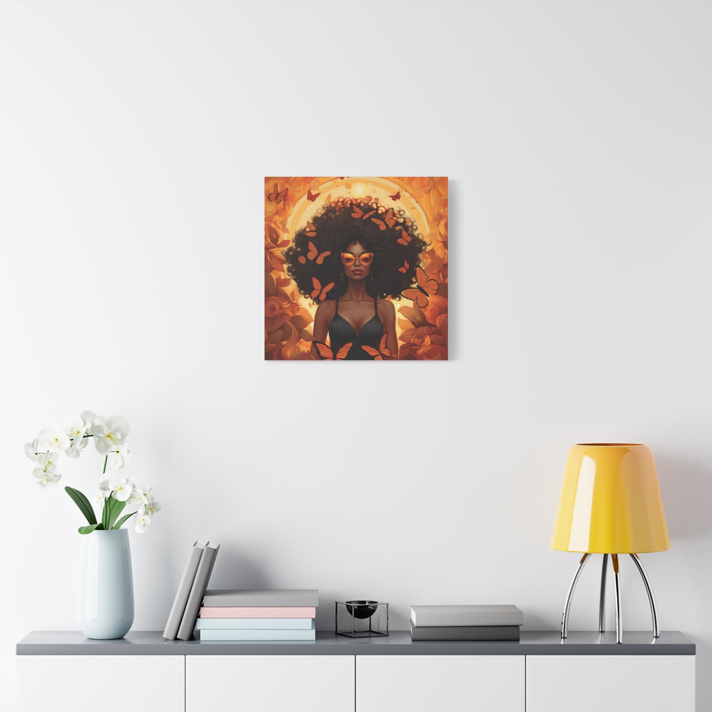 Vibrant Afro Woman Canvas Art, Boho Wall Decor, Unique Gift for Home, Butterfly and Flower Print, Black Art for All Occasions