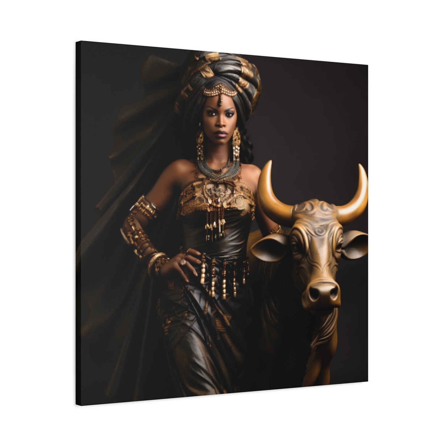 Golden African Queen with Bull – Regal Black Art Canvas for Empowered Spaces, Wall Decor, Home Decoration, Cultural Gift, Unique Artwork, Living Room Art