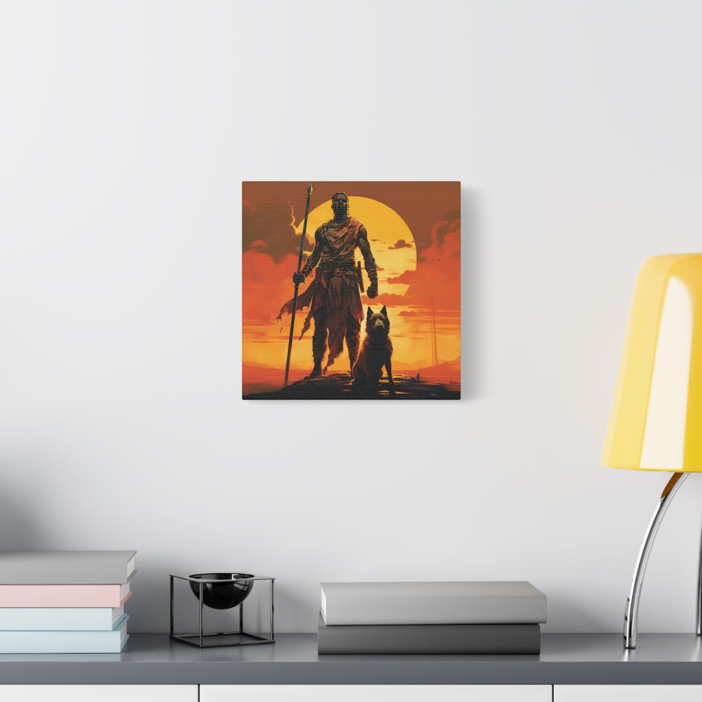 African Warrior and Guardian Dog Canvas artwork Print – Epic Sunset Wall Art for Bold Spaces, Wall Art, Home Decor, Unique Gift, Nature Inspired, Adventure Wall Hanging, Inspirational Art
