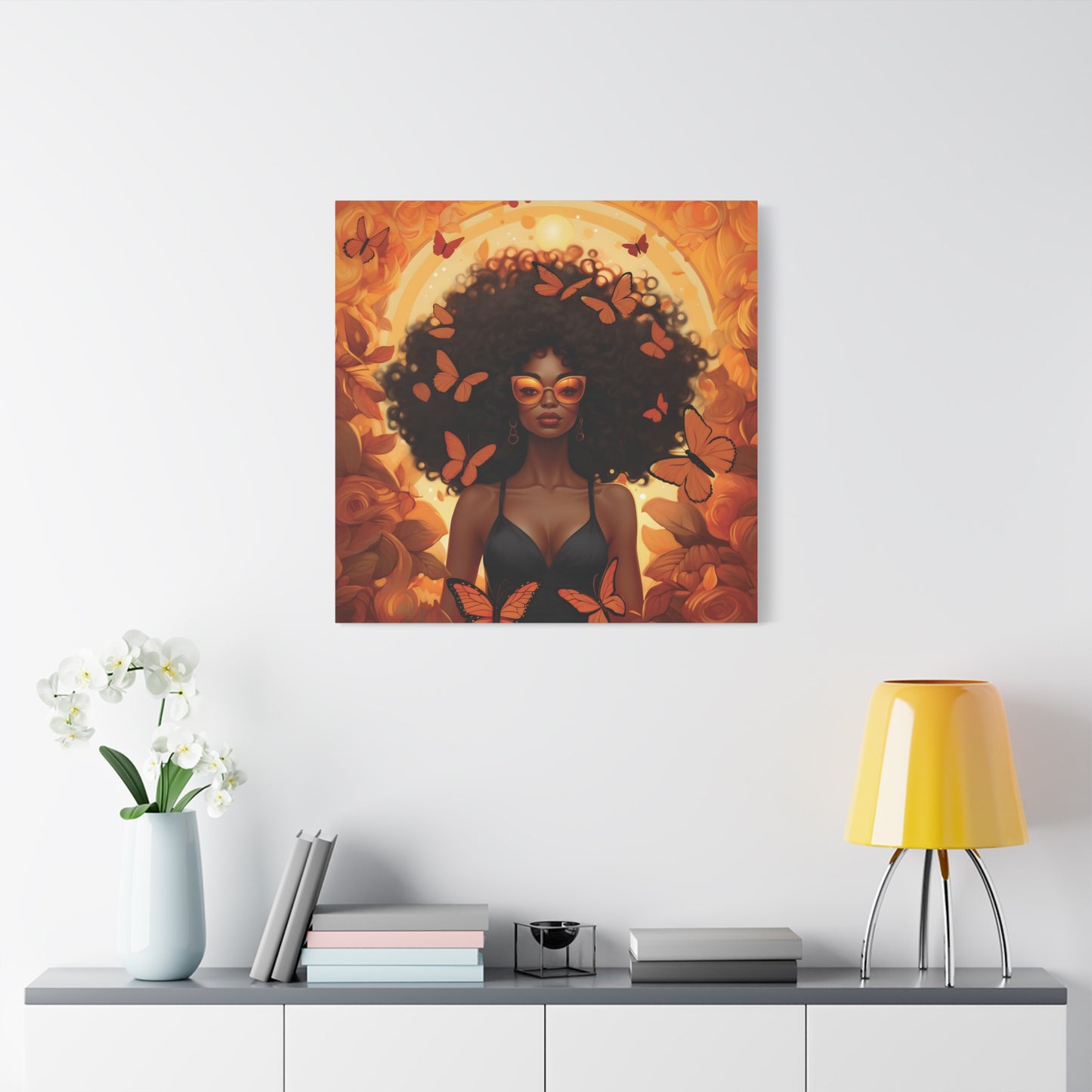 Vibrant Afro Woman Canvas Art, Boho Wall Decor, Unique Gift for Home, Butterfly and Flower Print, Black Art for All Occasions