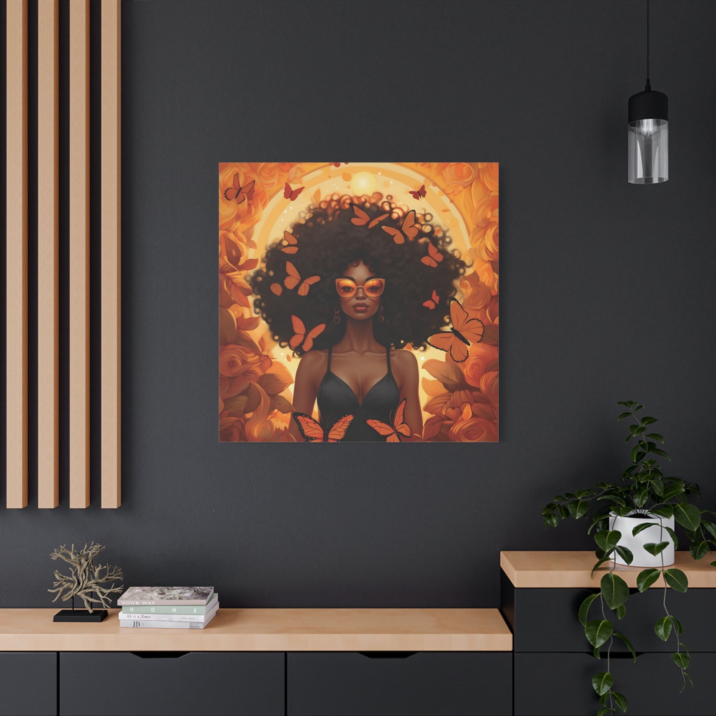 Vibrant Afro Woman Canvas Art, Boho Wall Decor, Unique Gift for Home, Butterfly and Flower Print, Black Art for All Occasions
