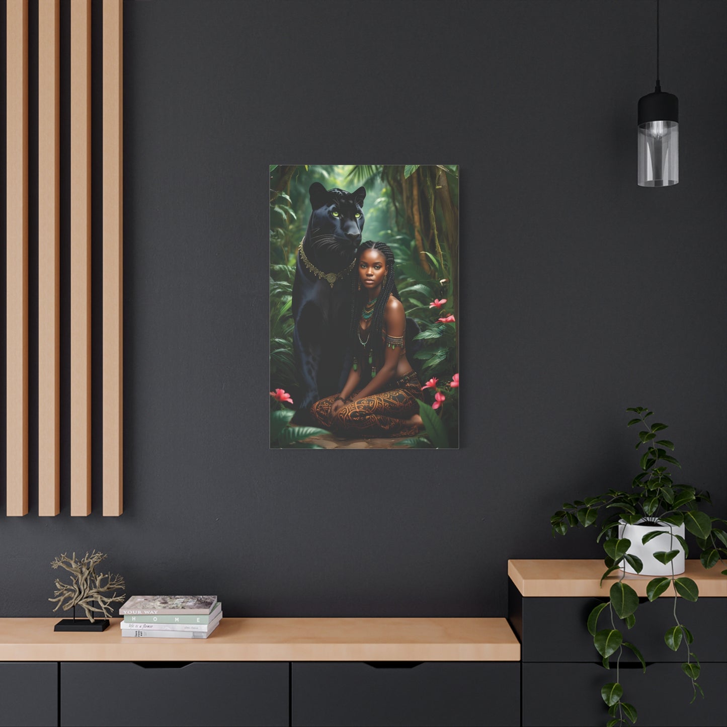 Exotic Jungle Canvas Art Print, Black Panther and Woman Wall Decor, Nature Lover Gift, Bohemian Home Art, Tropical Vibe Decoration, Afro Art