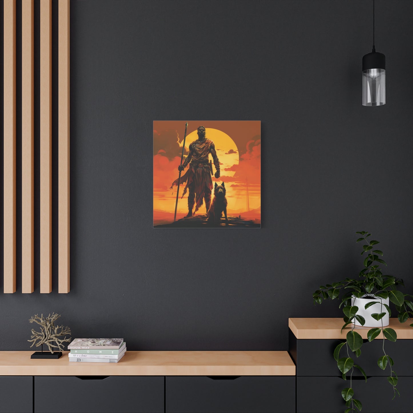 African Warrior and Guardian Dog Canvas artwork Print – Epic Sunset Wall Art for Bold Spaces, Wall Art, Home Decor, Unique Gift, Nature Inspired, Adventure Wall Hanging, Inspirational Art