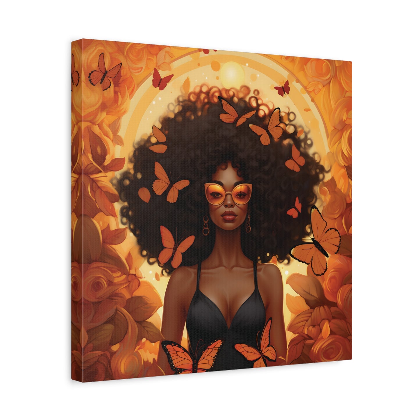 Vibrant Afro Woman Canvas Art, Boho Wall Decor, Unique Gift for Home, Butterfly and Flower Print, Black Art for All Occasions