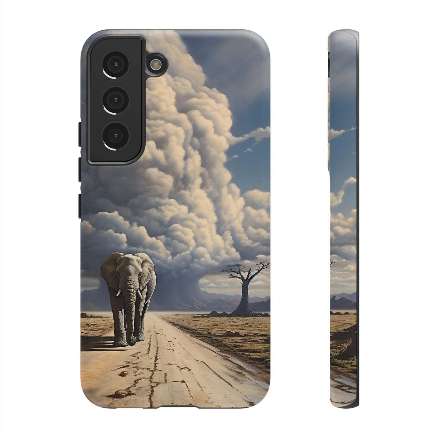 Elephant on Old Road Phone Case – Majestic Wildlife Art with Dramatic Cloud, Nature-Inspired Protective Cover