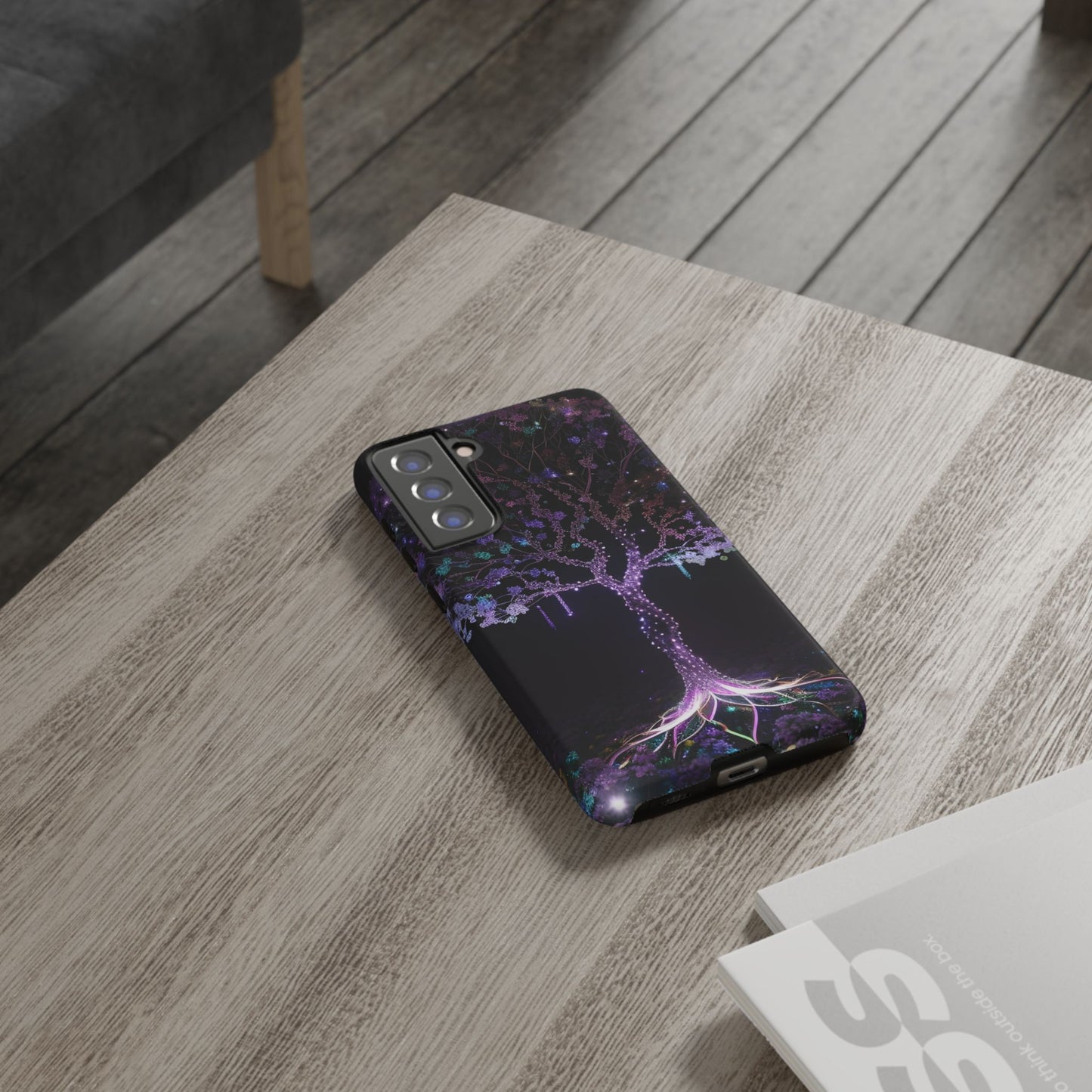Dark Purple Tree Phone Case – Luminous Nature Art, Mystical Night Design Protective Cove