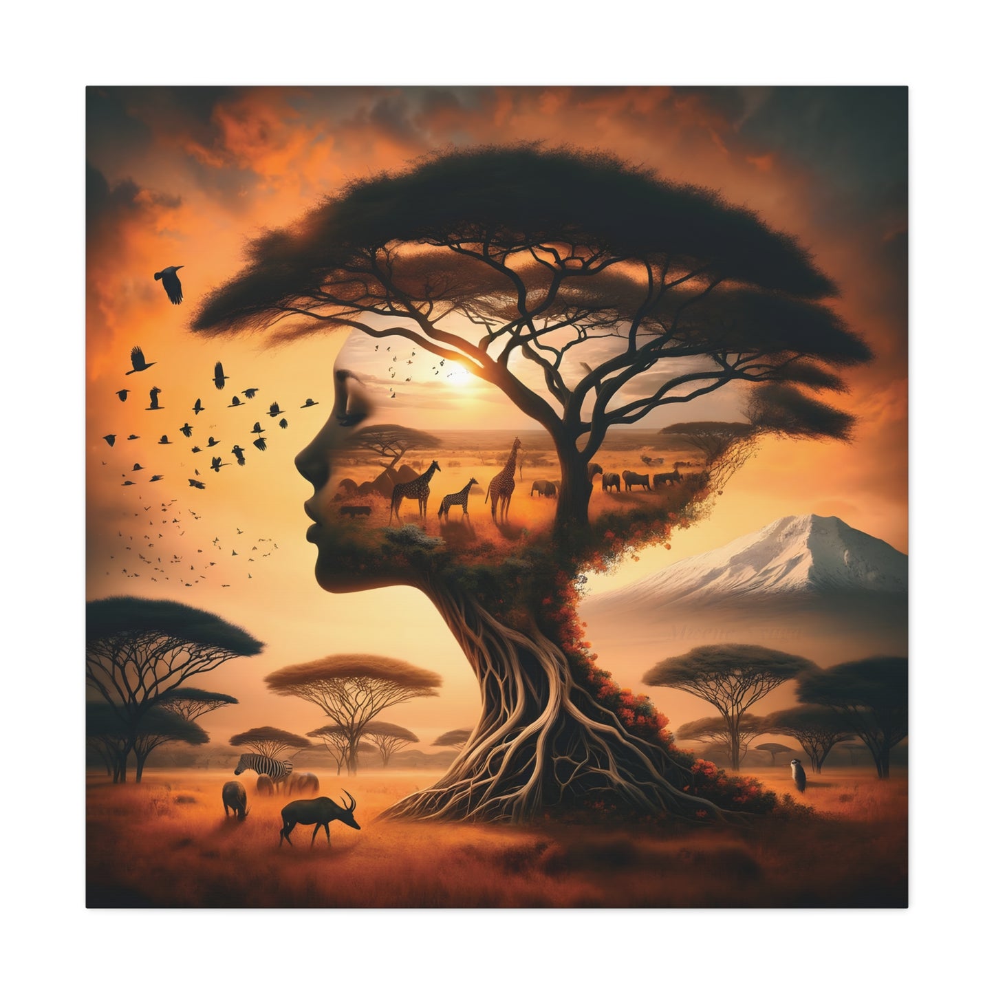 Mother Africa Silhouette Tree Art – Afrocentric Safari Wall Print with Wildlife & Mountain Scene - Dreamy Wall Decor for Nature Lovers, Wildlife Artwork,