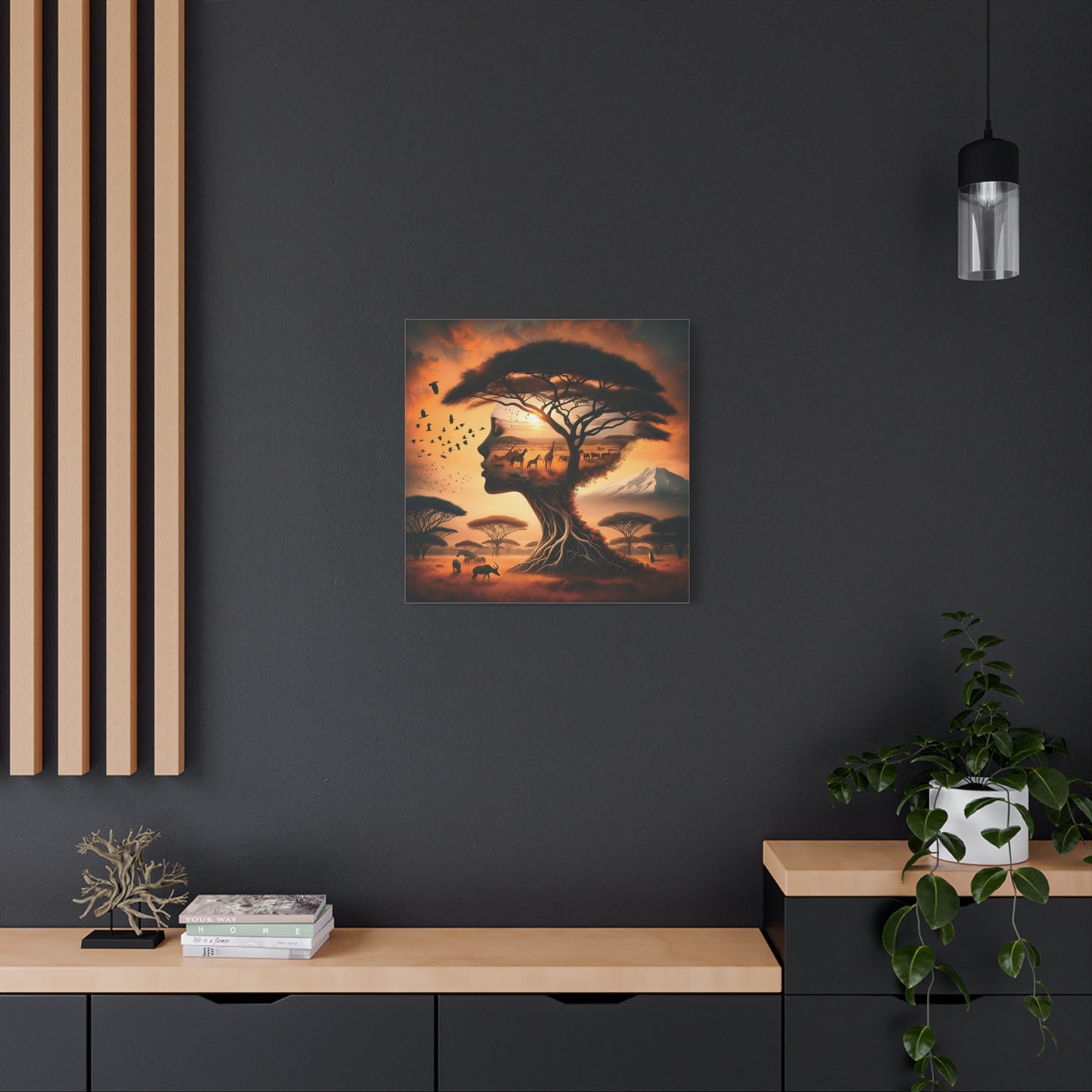 Mother Africa Silhouette Tree Art – Afrocentric Safari Wall Print with Wildlife & Mountain Scene - Dreamy Wall Decor for Nature Lovers, Wildlife Artwork,