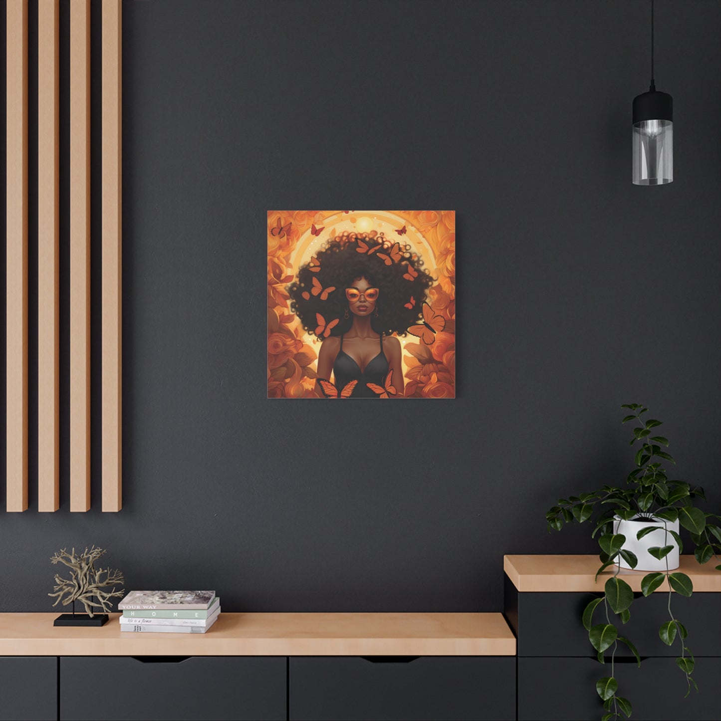 Vibrant Afro Woman Canvas Art, Boho Wall Decor, Unique Gift for Home, Butterfly and Flower Print, Black Art for All Occasions