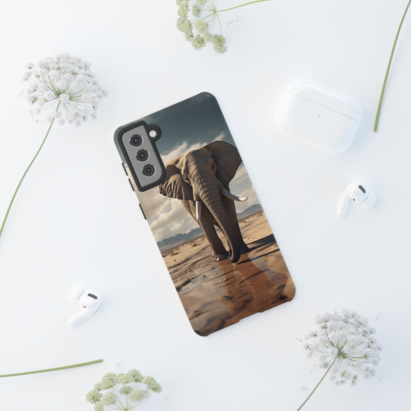 Elephant Drinking Water Phone Case - Wildlife Art in Dry Landscape Design, Nature-Inspired Protective Cover