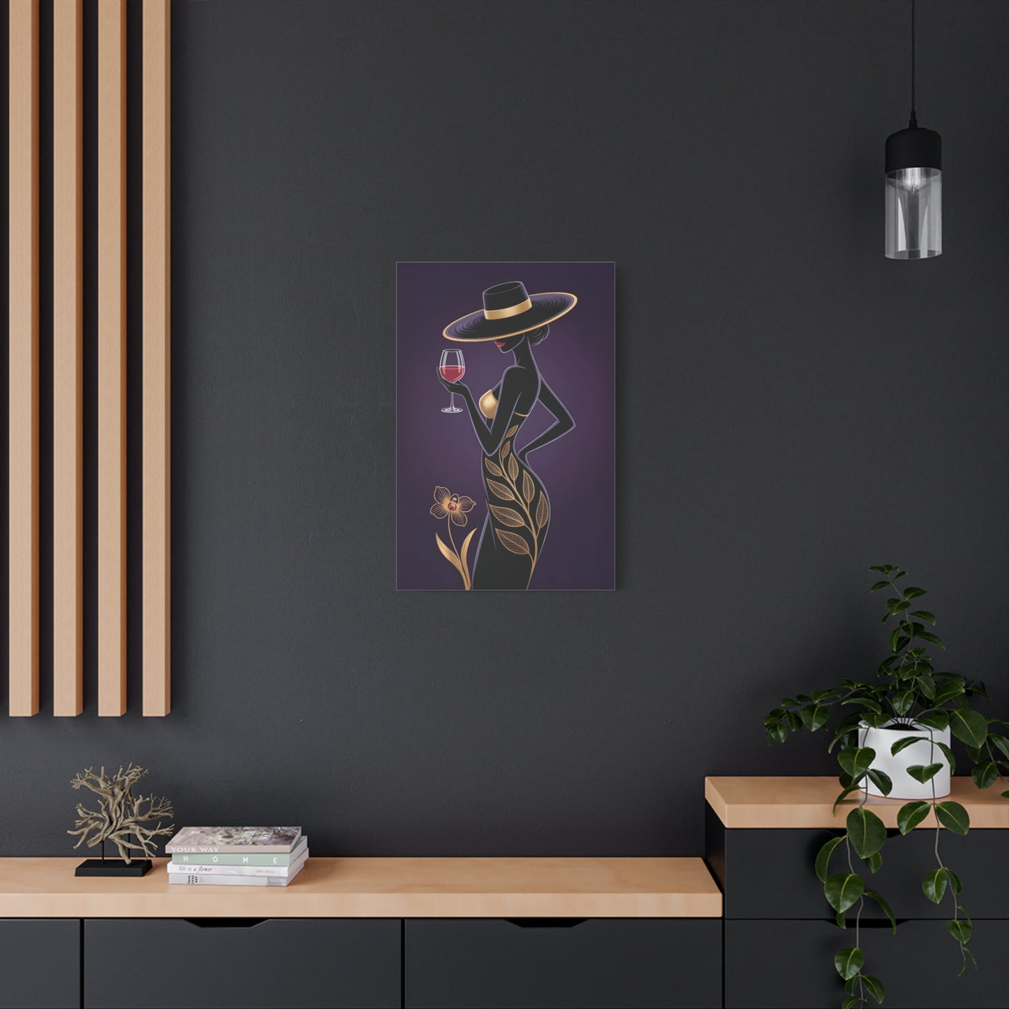 Elegant Afro Woman Canvas Wall Art – Black & Gold Fashion Lady with Wine Glass, Stylish Wall Art, Modern Home, Gift for Hostess, Fashionable Wall Decor